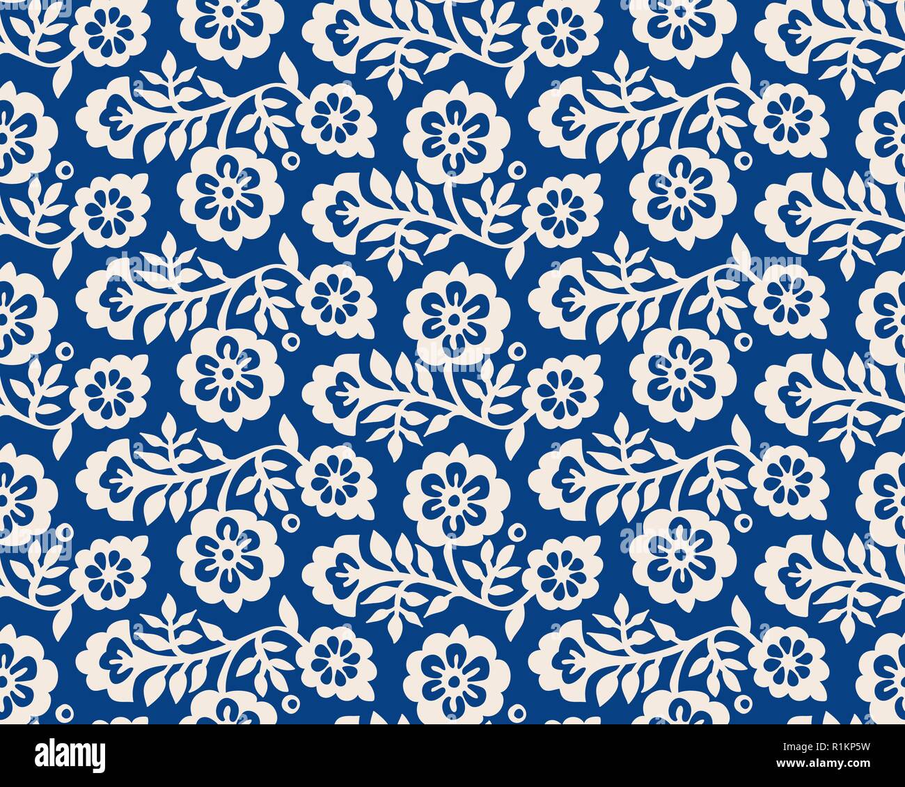 Seamless indigo woodblock printed floral pattern. Vector ethnic ornament, traditional Russian motif with blossoms, ecru on navy blue background. Stock Vector
