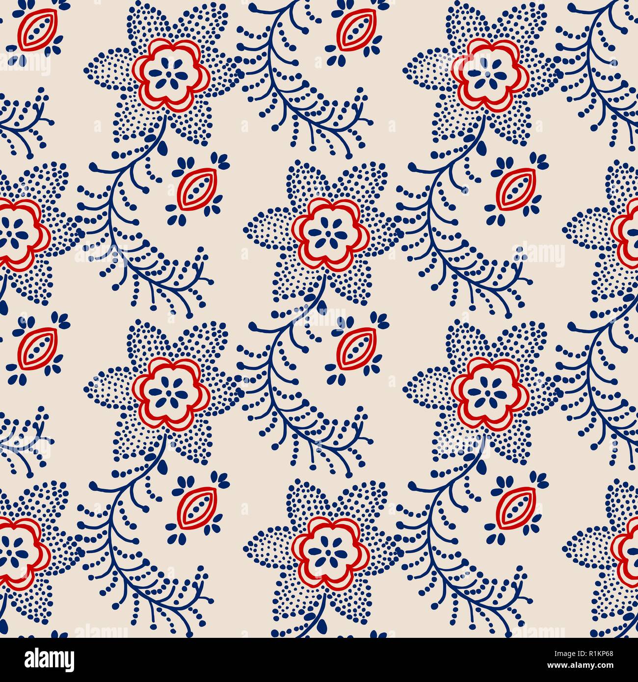 Traditional seamless block printed ornament, handmade Russian motif with  blue and red flowers on ecru background. Textile design Stock Vector Image  & Art - Alamy