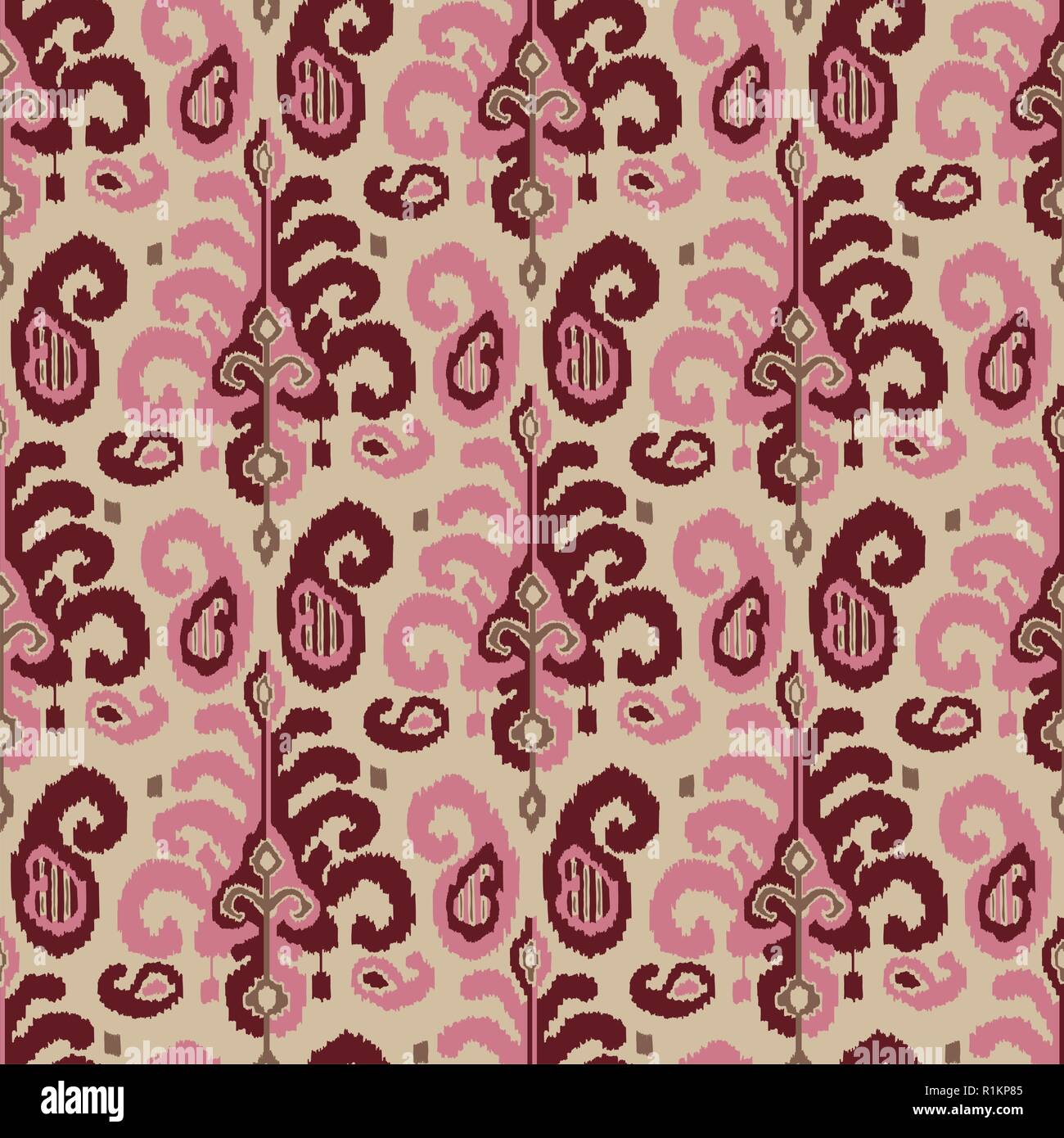 Seamless ikat paisley pattern. Traditional oriental ethnic ornament. Burgundy red, pink and taupe on beige background. Textile design. Stock Vector