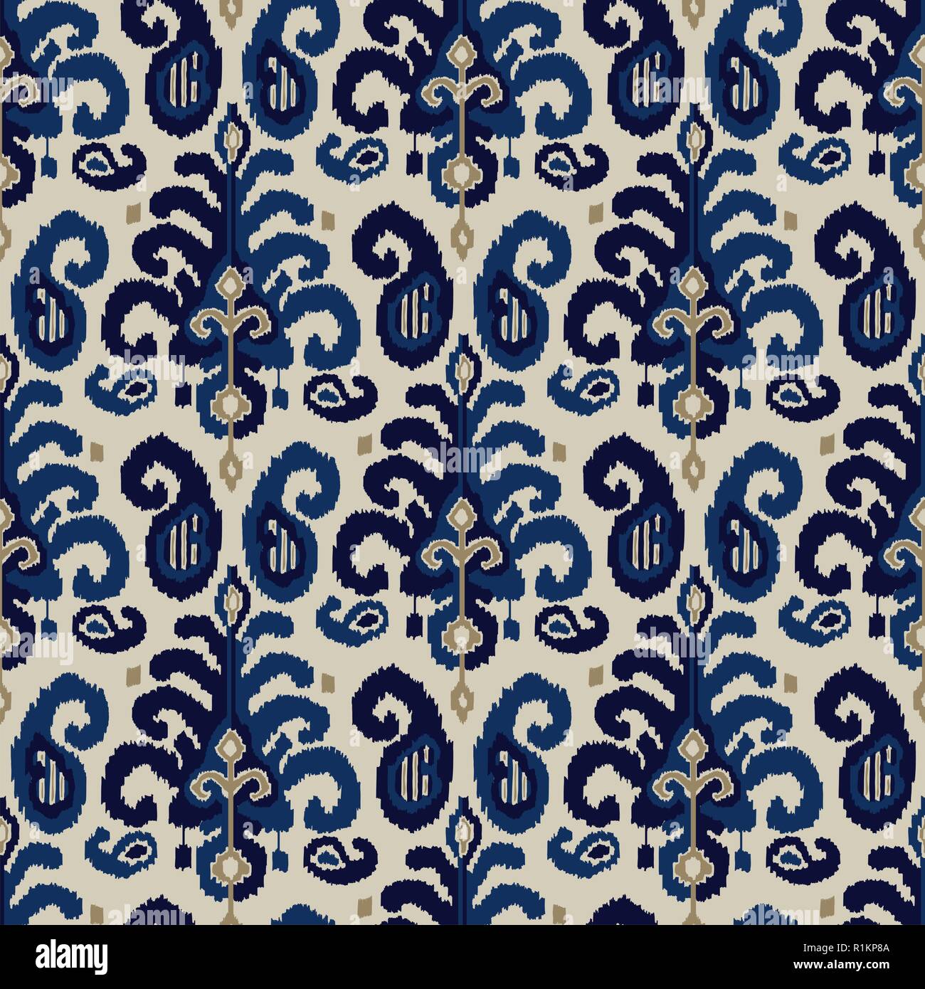 Seamless ikat paisley pattern. Traditional oriental ethnic ornament. Indigo, cobalt blue and beige on ecru background. Textile design. Stock Vector