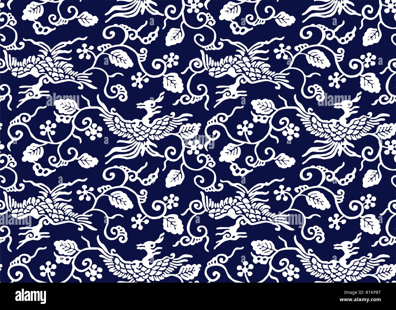 Seamless indigo dye stencil pattern, Japanese traditional motif with birds and vines. White on navy blue background. Stock Vector
