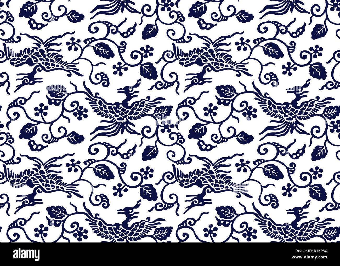 Indigo dye seamless stencil pattern, Japanese traditional motif with peony flowers and blossoms. Navy blue on ecru background. Stock Vector