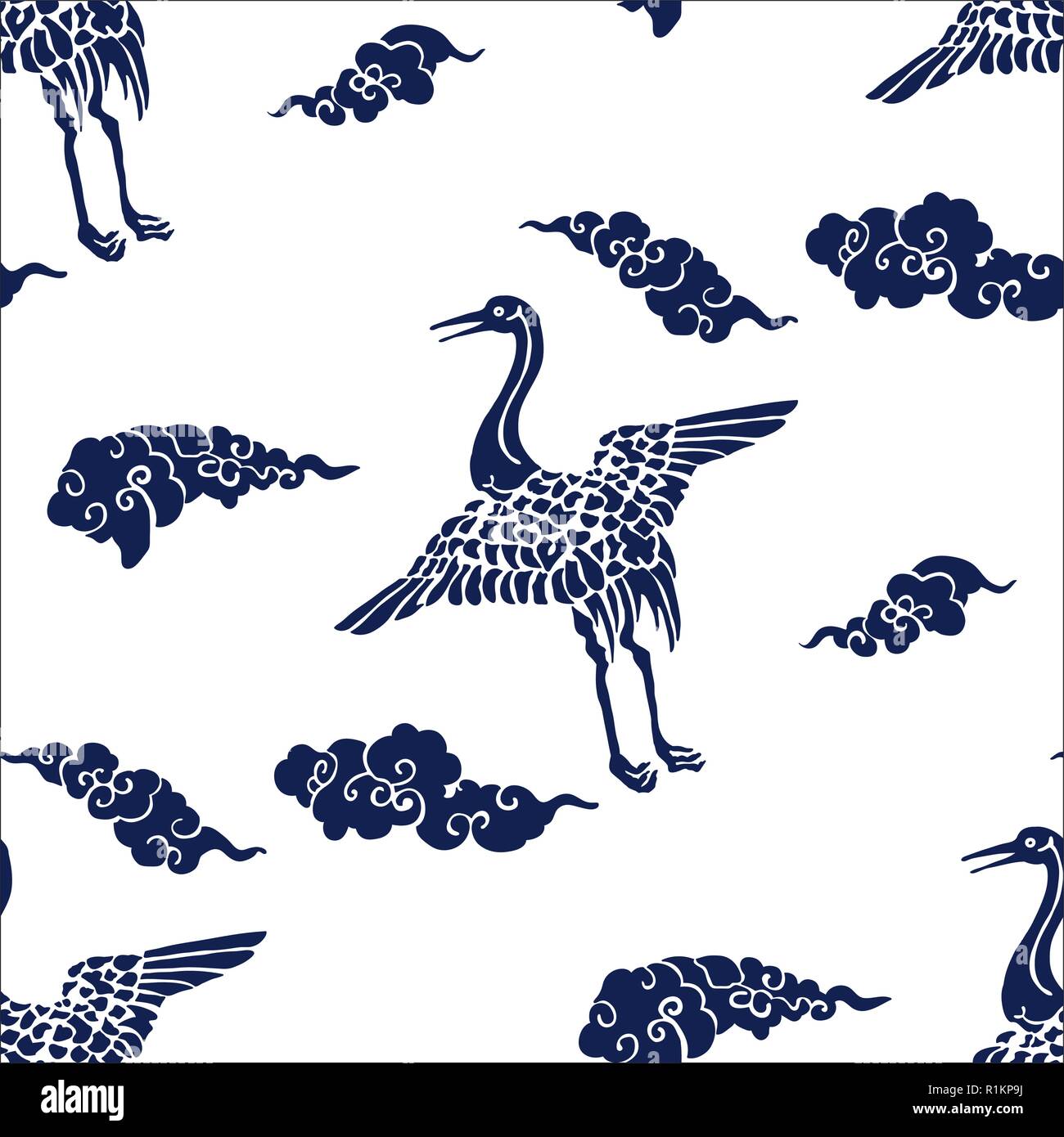 Indigo dye seamless  stencil pattern, Japanese traditional motif with cranes and clouds. Navy blue on ecru background. Stock Vector