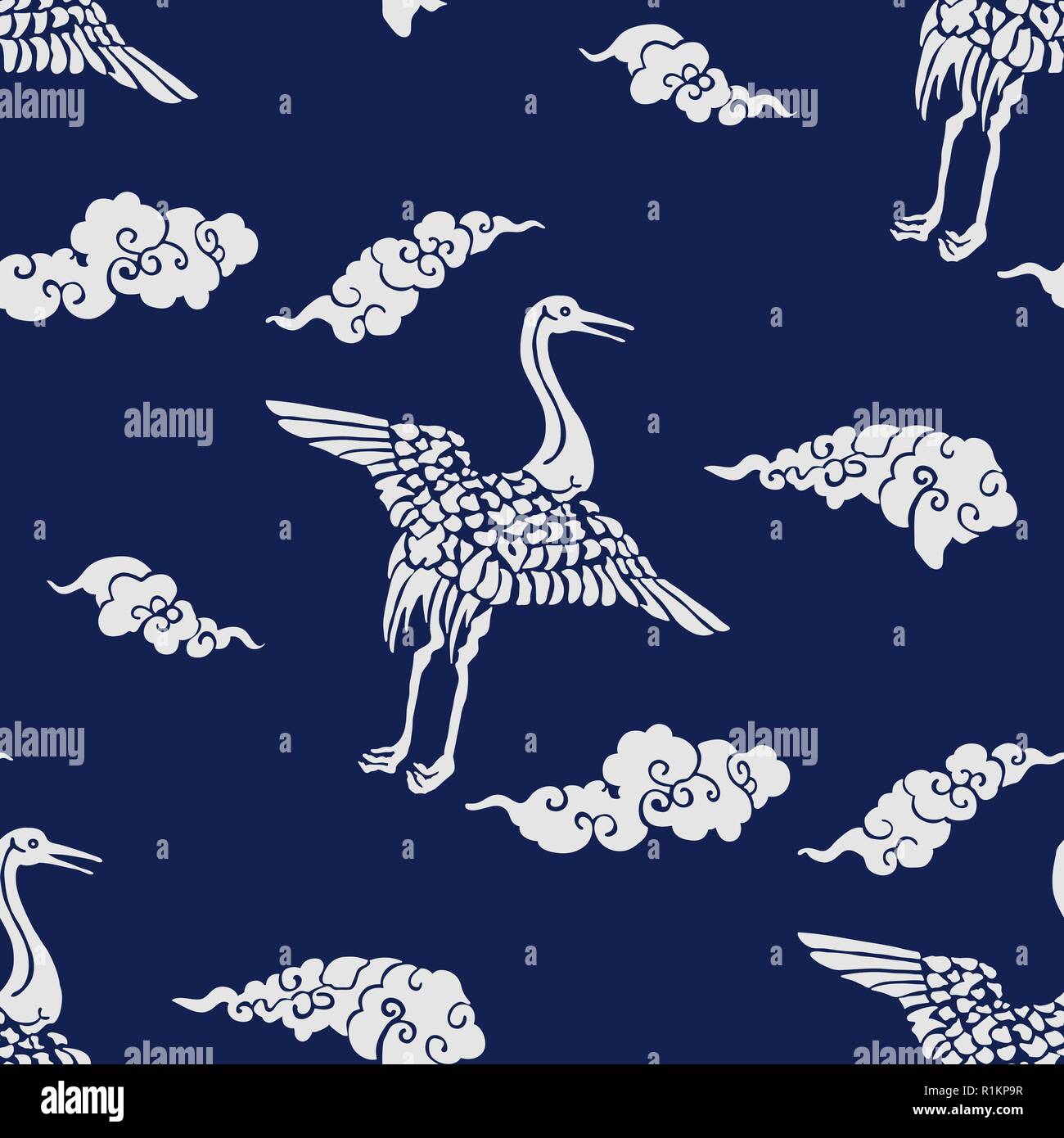 Indigo dye seamless  stencil pattern, Japanese traditional motif with cranes and clouds. Ecru on navy blue background. Stock Vector