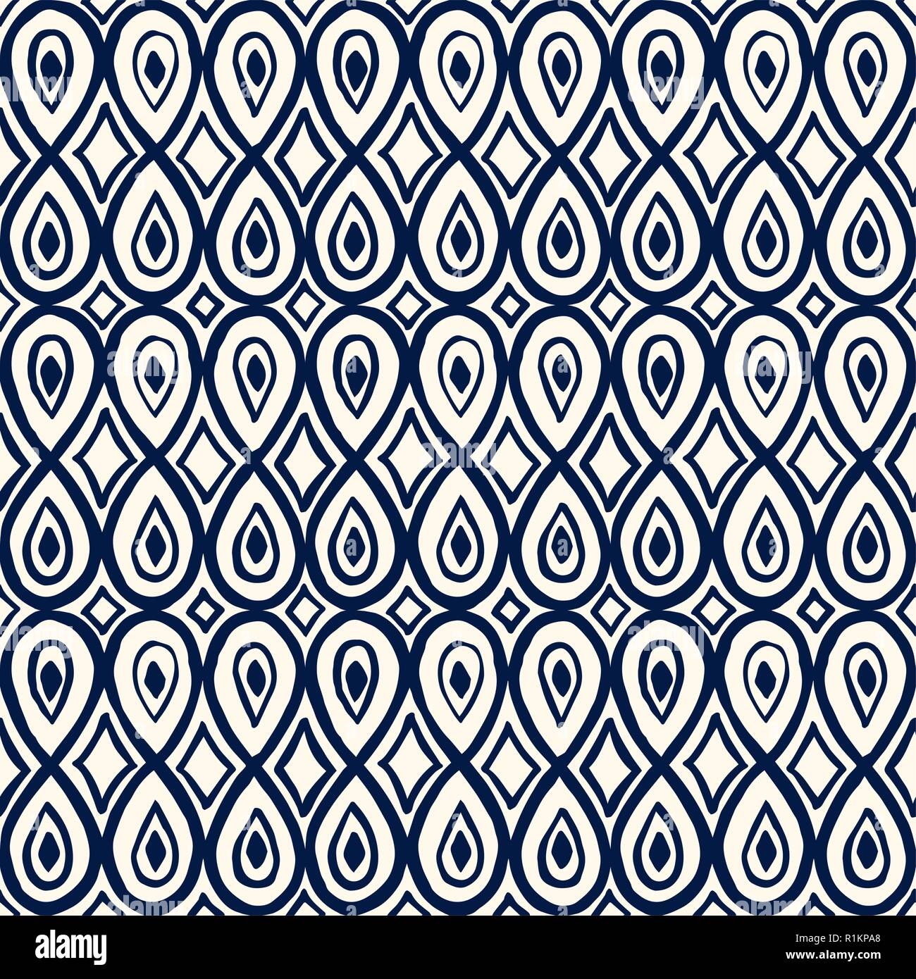 Ethnic seamless blue ornament, batik motif with teardrop and rhomboid shapes. Indigo on ecru background. Textile print. Stock Vector