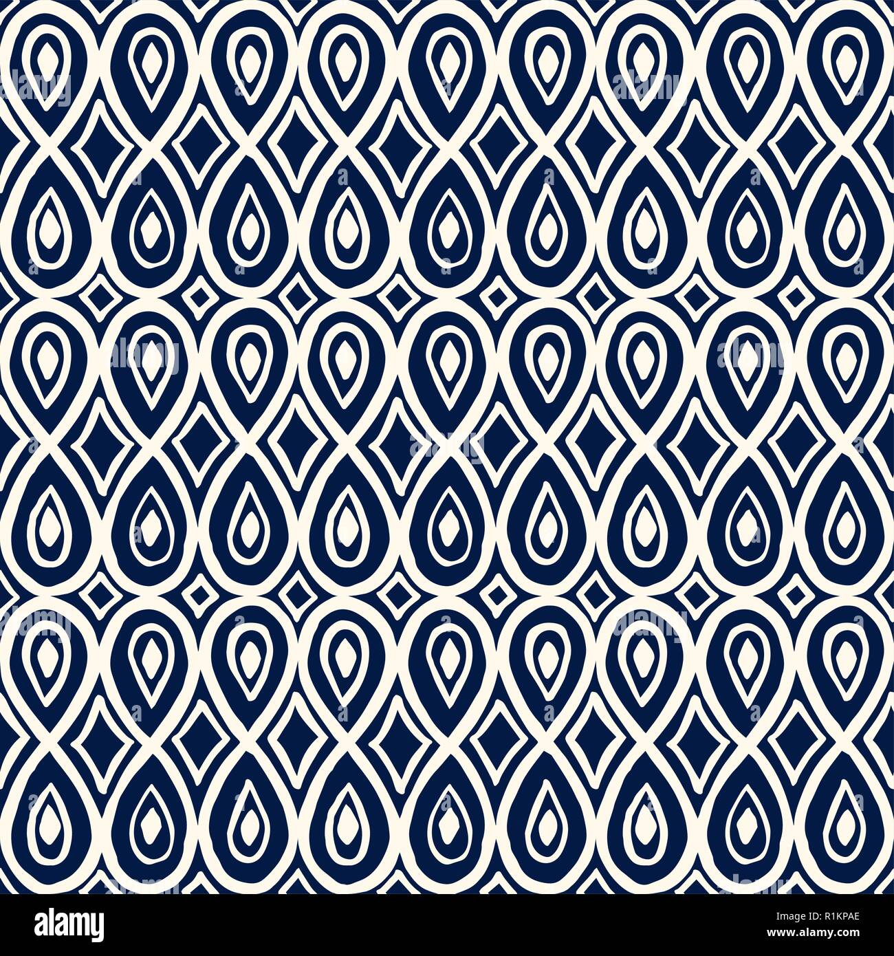 Indigo dye seamless ornament, ethnic batik motif with teardrop and rhomboid shapes. Ecru on blue background. Textile print. Stock Vector