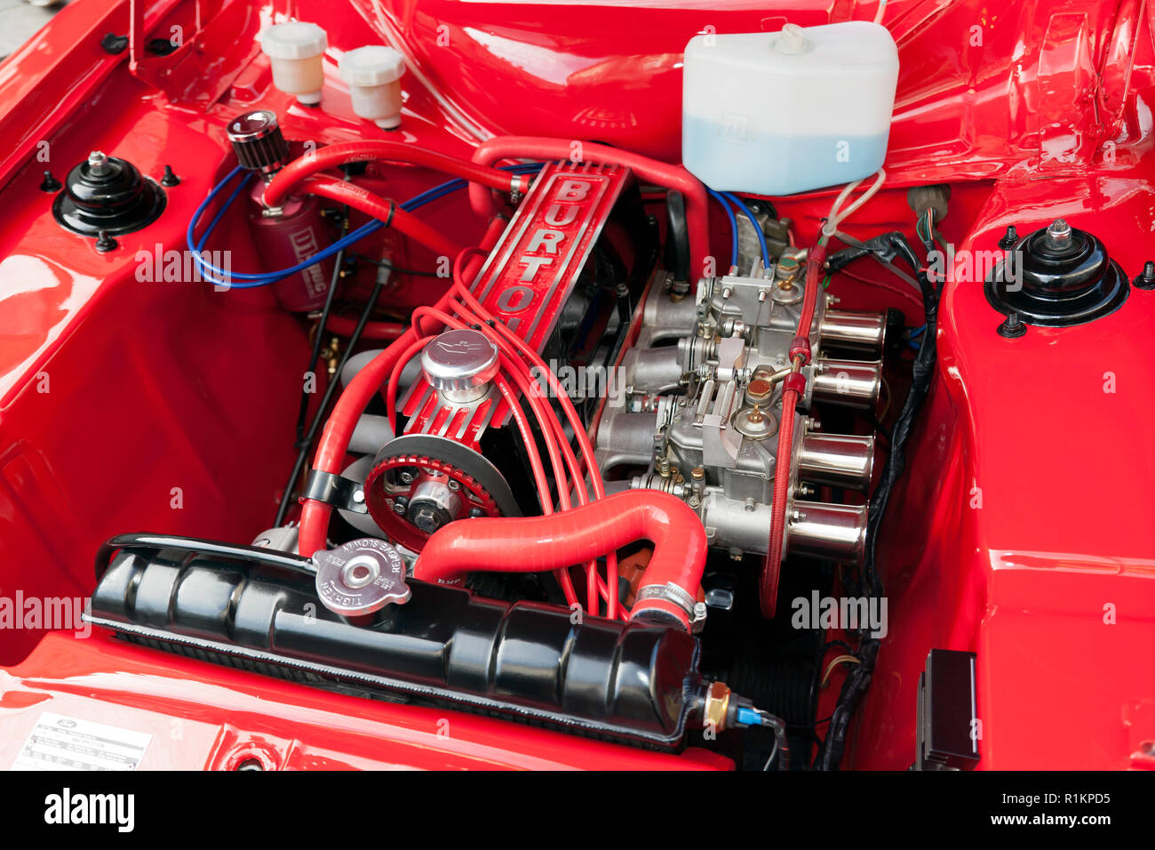 Close-up view of the  heavily modified engine  of a 1974 Ford Escort Mk 1, on display at the Regents Street Motor Show 2018 Stock Photo