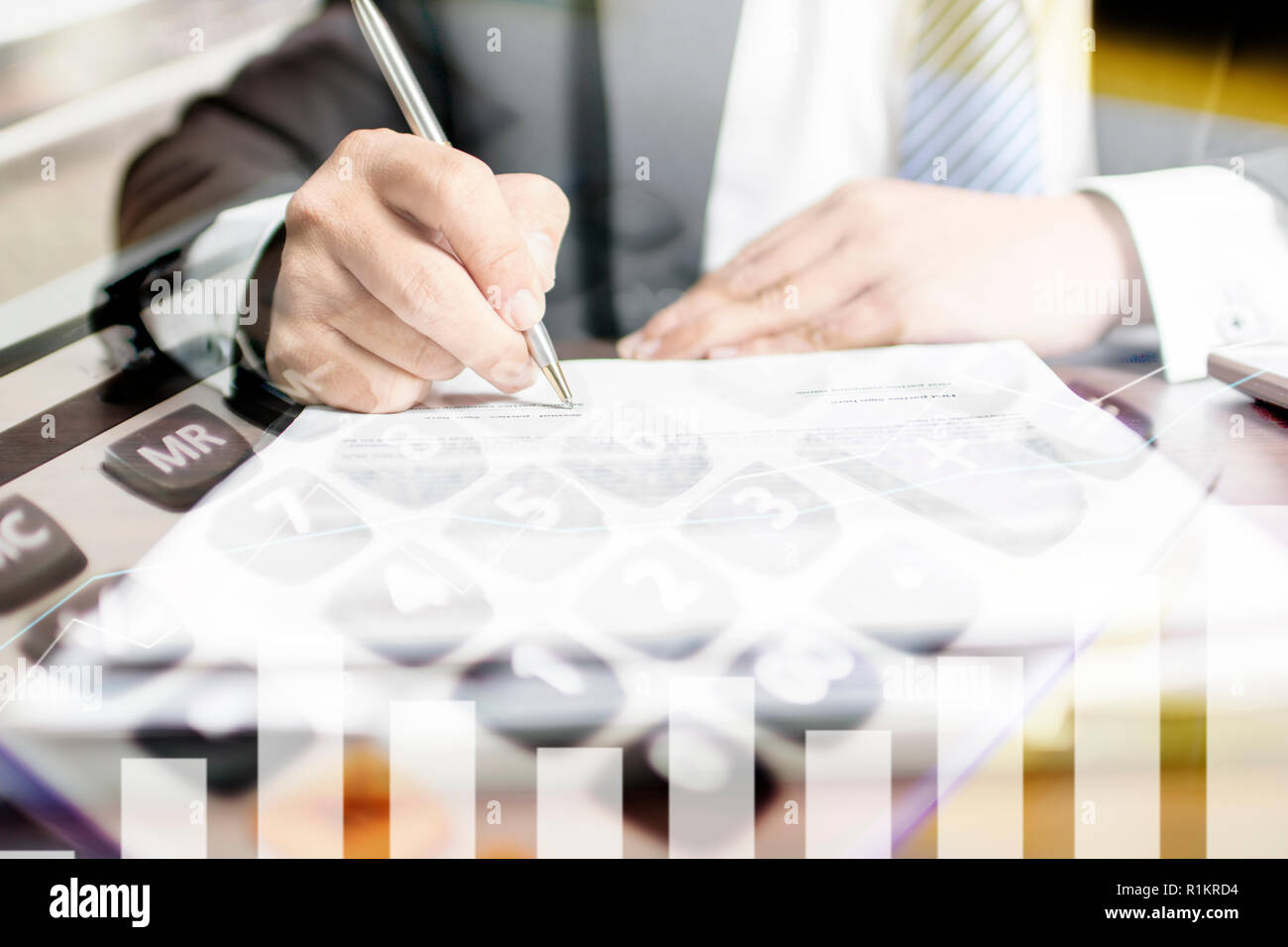 Accounting and signing on financial contract paper, double exposure of ...