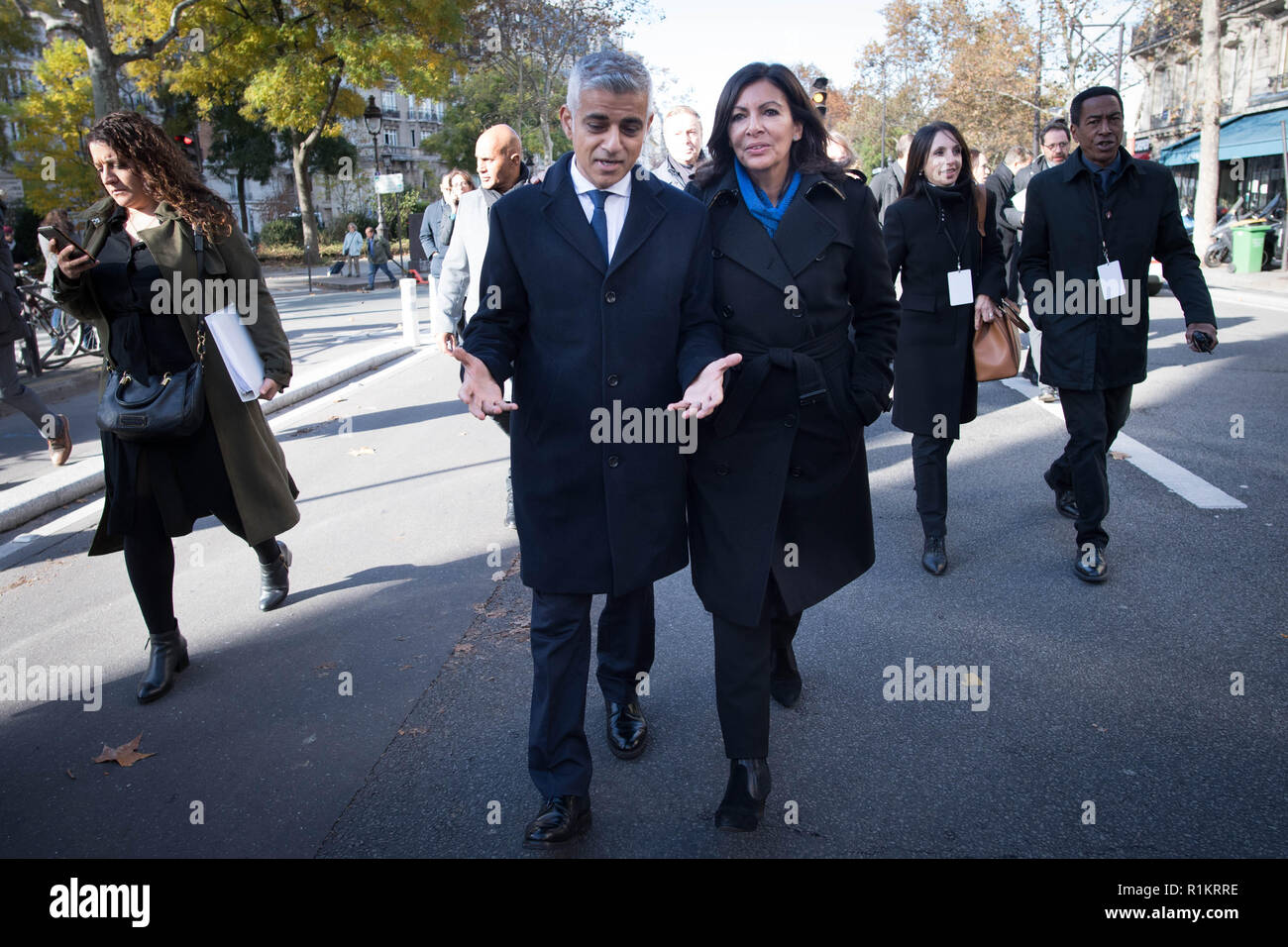 Mayor of London Sadiq Khan his Parisian counterpart Anne Hidalgo attend a memorial service to mark the third anniversary of the Bataclan terrorist attack in Paris. They met victims and emergency services, on the final day of his three day visit to Berlin and Paris where he has met with leading businesses and senior politicians, as he works to protect key trade, business and cultural ties between. London and other leading European capitals Stock Photo