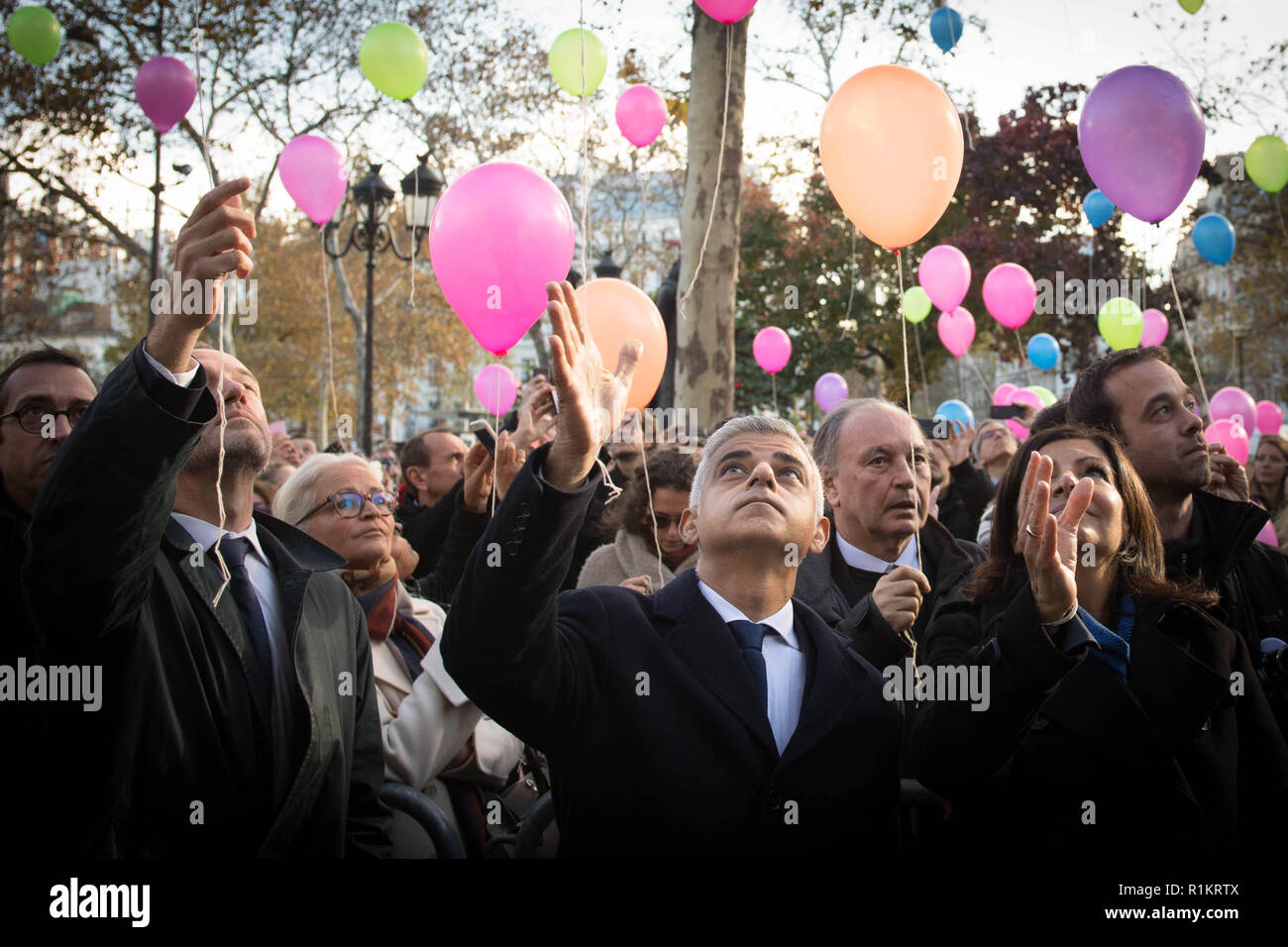Mayor of London Sadiq Khan and his Parisian counterpart, Anne Hidalgo, attend a memorial service to mark the third anniversary of the Bataclan terrorist attack in Paris where they met victims and emergency services. Stock Photo