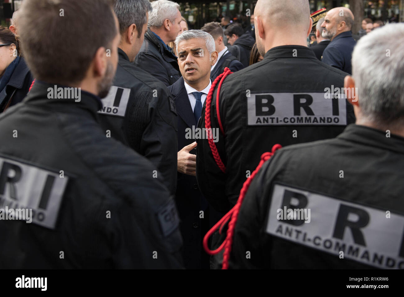 Mayor of London Sadiq Khan and his Parisian counterpart, Anne Hidalgo, attend a memorial service to mark the third anniversary of the Bataclan terrorist attack in Paris where they met victims and emergency services. Stock Photo