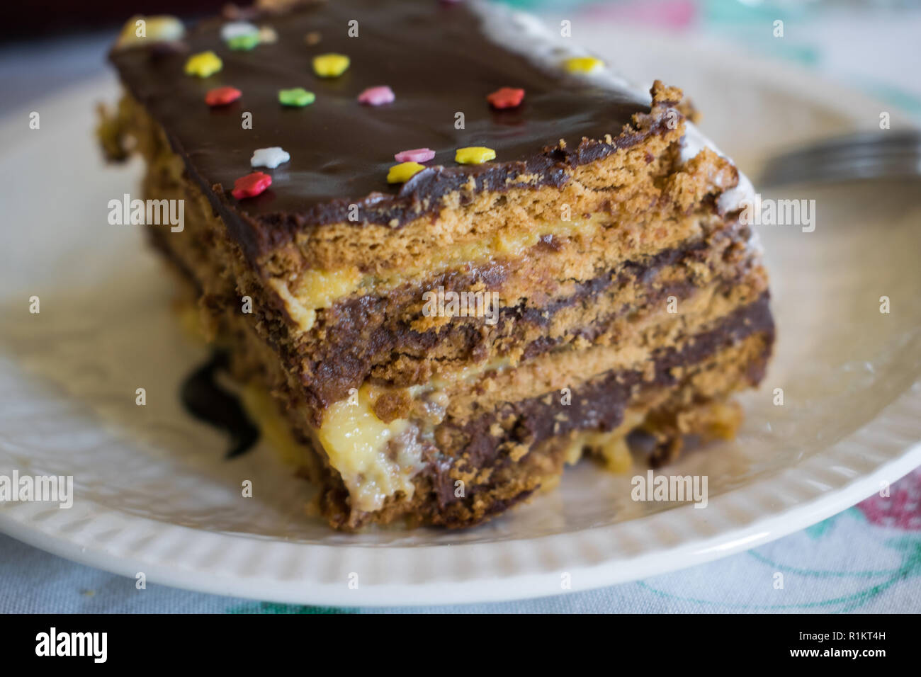 Portion of cake with biscuits, chocolate and vanilla decorated with colorful sprinkles. Selective focus Stock Photo