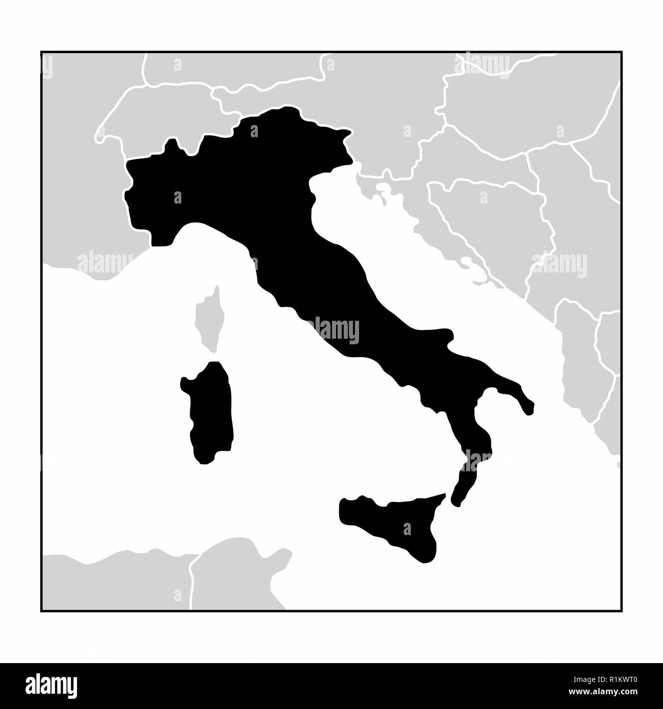 The dark silhouette of Italy map in the european continent Stock Vector