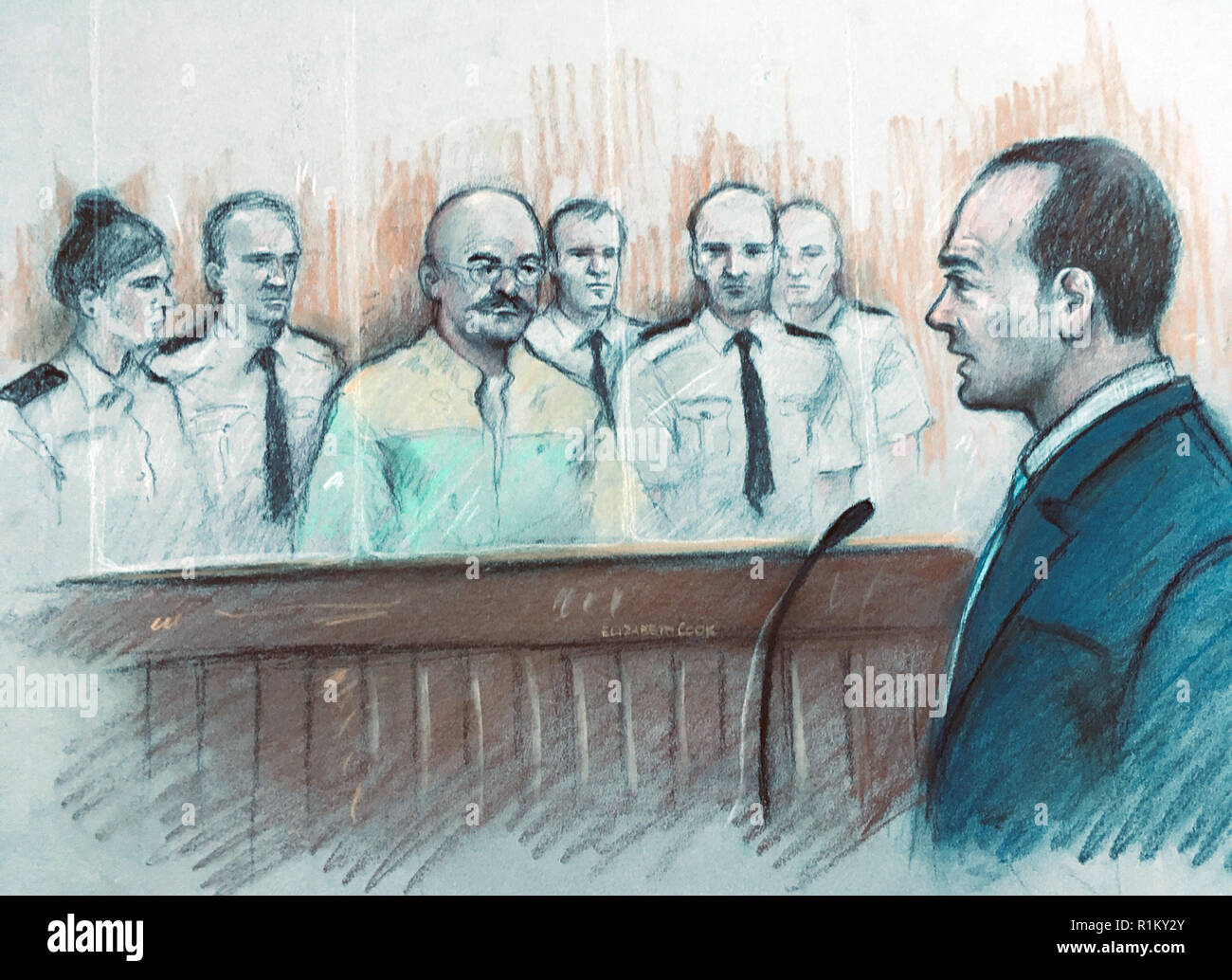 Court artist sketch by Elizabeth Cook of notorious inmate Charles Bronson (centre), listening as prison governor Mark Docherty (right) gives evidence at Leeds Crown Court, after Bronson launched himself at Mr Docherty at HMP Wakefield in January threatening to gouge his eyes out prior to a welfare meeting. Stock Photo