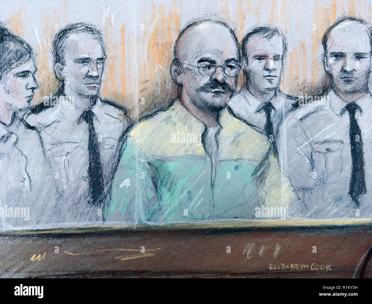Court artist sketch by Elizabeth Cook of notorious inmate Charles Bronson (centre), listening as prison governor Mark Docherty gives evidence at Leeds Crown Court, after Bronson launched himself at Mr Docherty at HMP Wakefield in January threatening to gouge his eyes out prior to a welfare meeting. Stock Photo