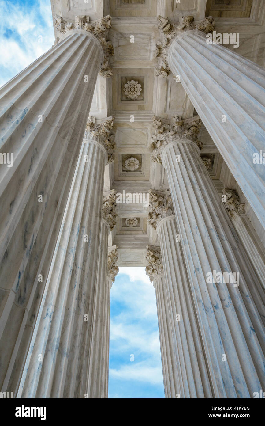 low angle view of majestic US Supreme Court columns Stock Photo