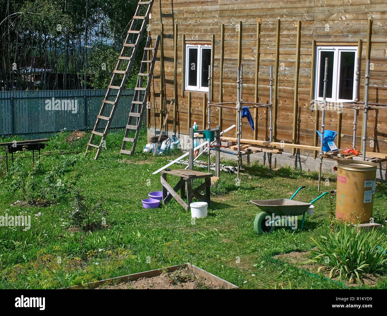 exterior decoration of wooden house in summer, Russia Stock Photo - Alamy