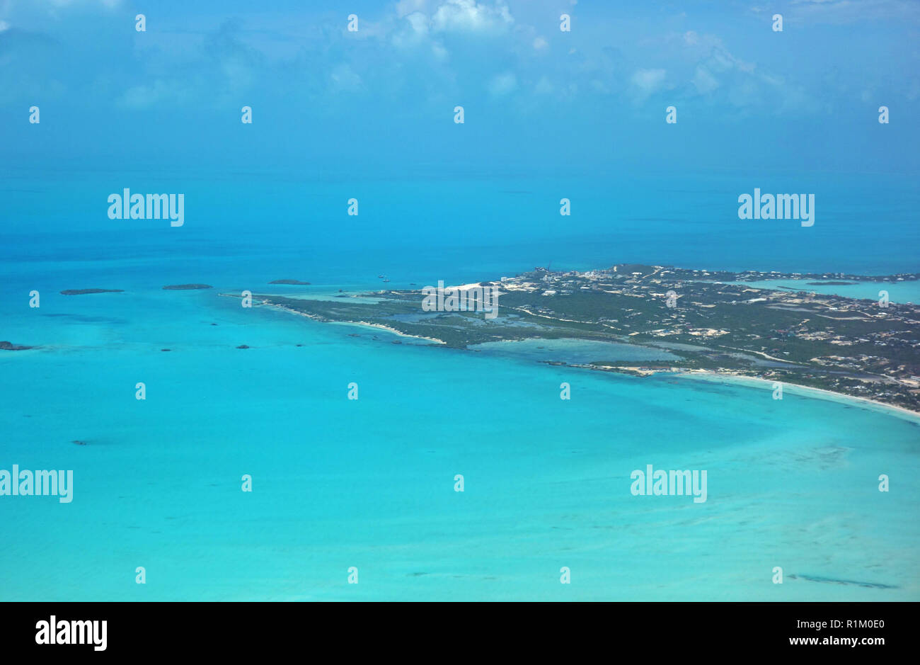 PROVIDENCIALES, TURKS AND CAICOS -8 JUL 2017- Aerial view of the island of Providenciales (Provo) in the Turks and Caicos. Stock Photo