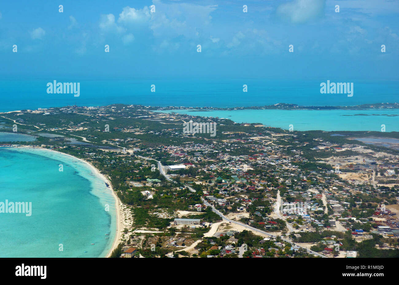 PROVIDENCIALES, TURKS AND CAICOS -8 JUL 2017- Aerial view of the island of Providenciales (Provo) in the Turks and Caicos. Stock Photo