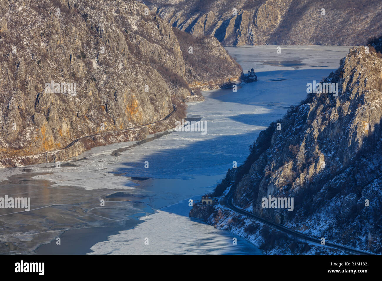 winter landscape in the Danube Gorges, Romania Stock Photo