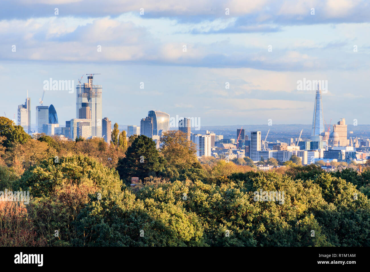 A view over the changing skyline of London on a sunny autumn evening, London, UK Stock Photo