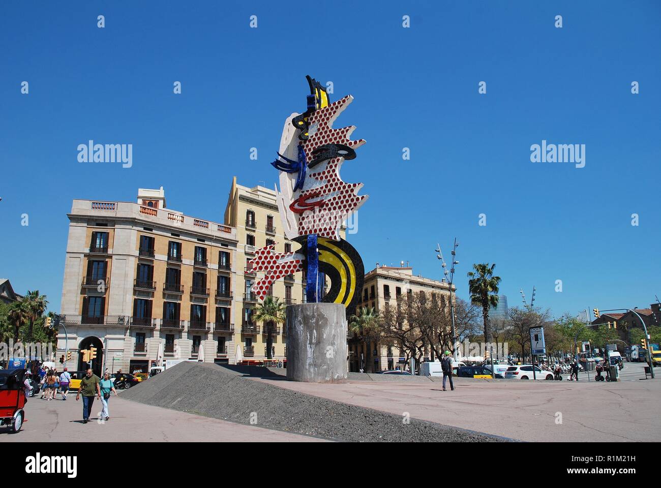 The Head of Barcelona sculpture at Port Vell in Barcelona, Spain on April 17, 2018. It was created by artist Roy Lichtenstein in 1992 for the Olympics Stock Photo