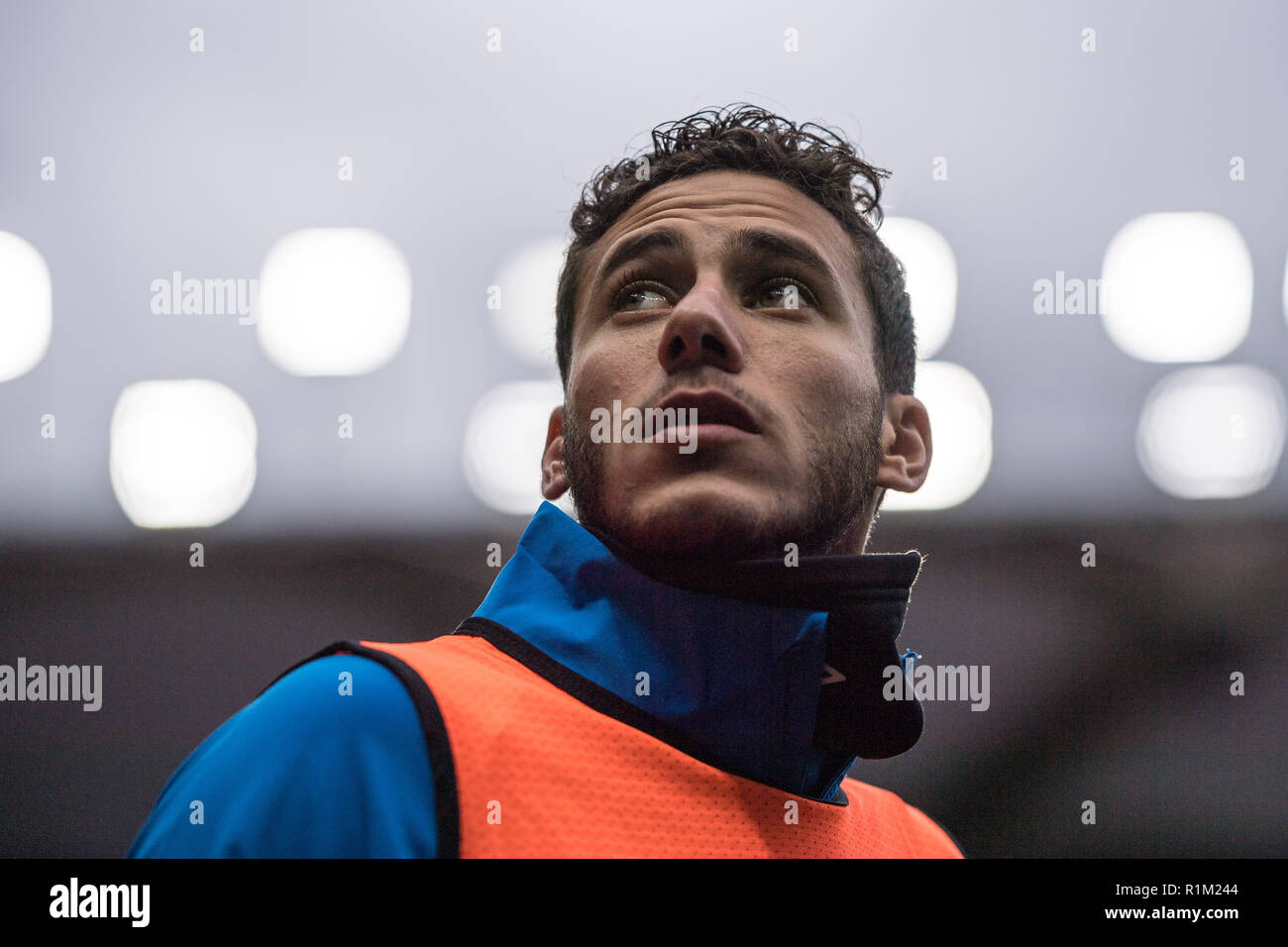WATFORD, ENGLAND - OCTOBER 27: Ramadan Sobhi of Huddersfield Town  looks on while warms up during the Premier League match between Watford FC and Huddersfield Town at Vicarage Road on October 27, 2018 in Watford, United Kingdom. (MB Media) Stock Photo