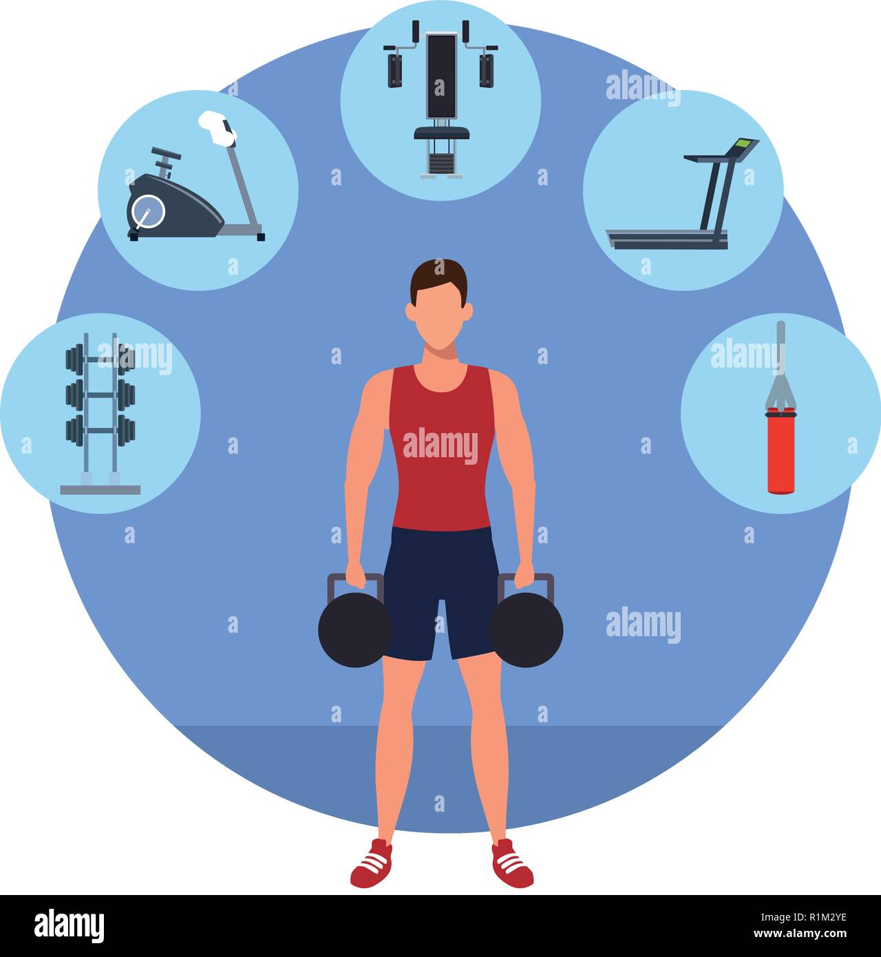 fitness man training with dumbells and fitness elements blue round icon  cartoon vector illustration graphic design Stock Vector Image & Art - Alamy