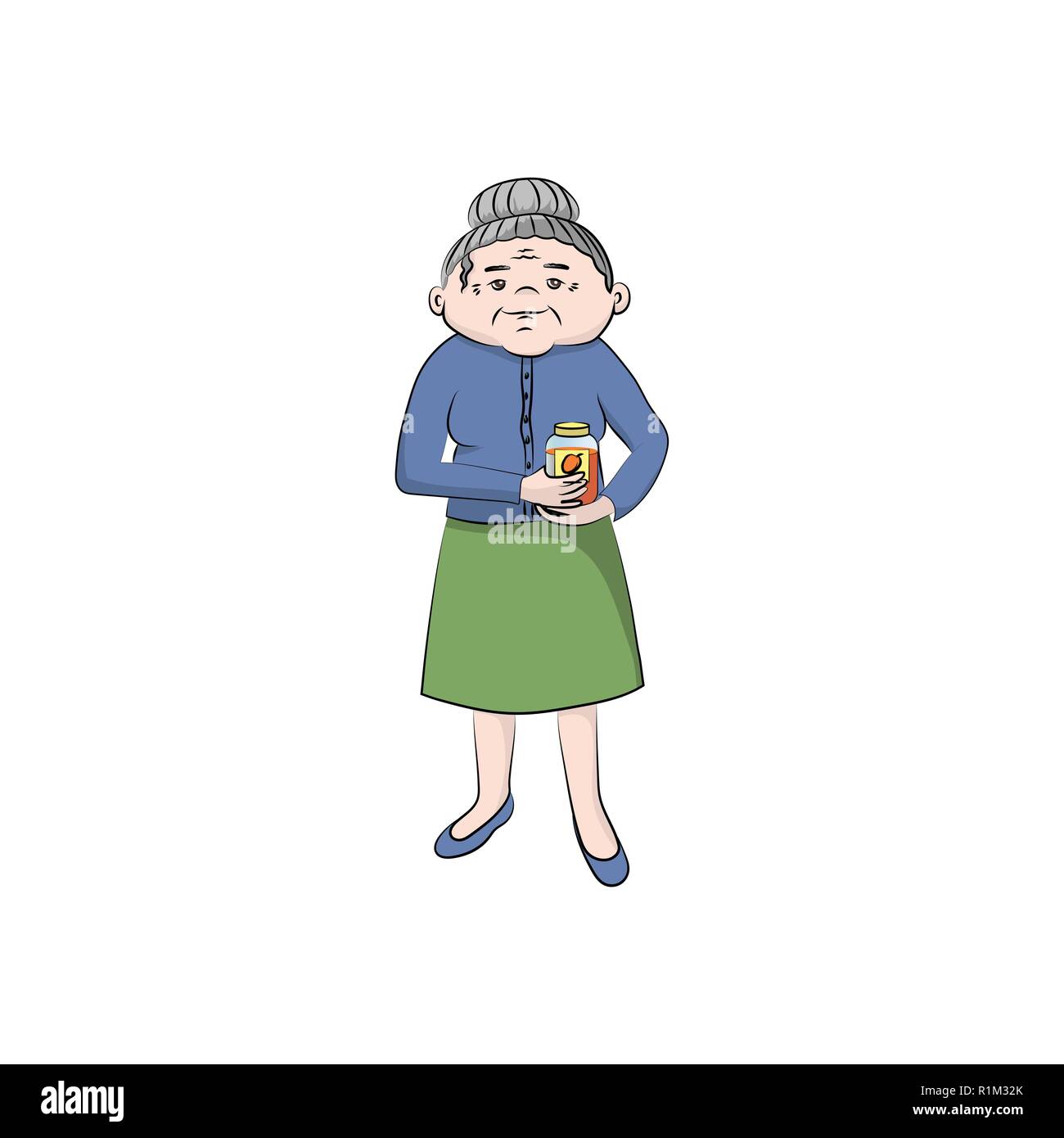 Grandma is holding a jar of jam. Vector color illustration Stock Vector