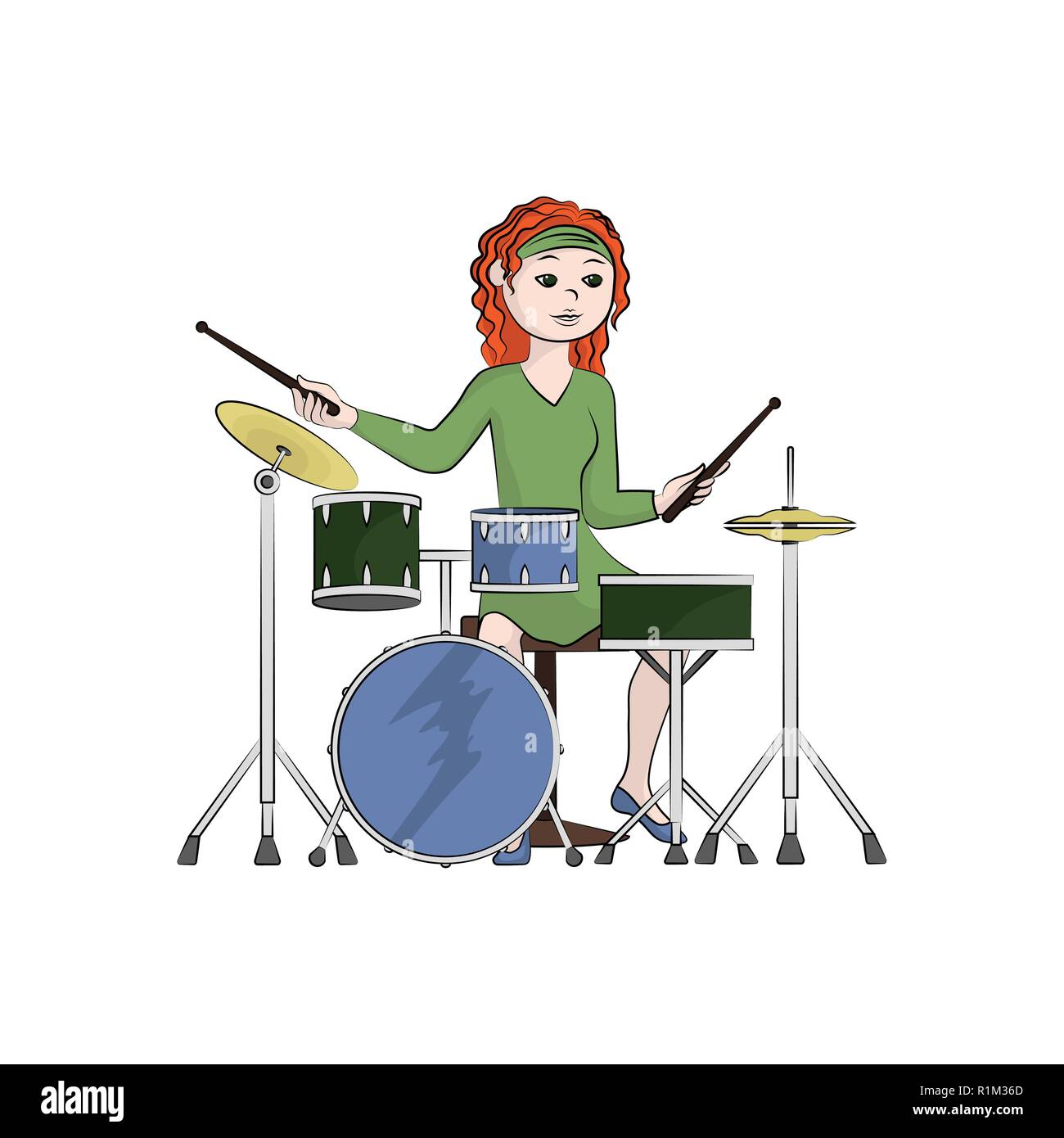 The girl (woman) plays the drum set. Vector color illustration. Stock Vector