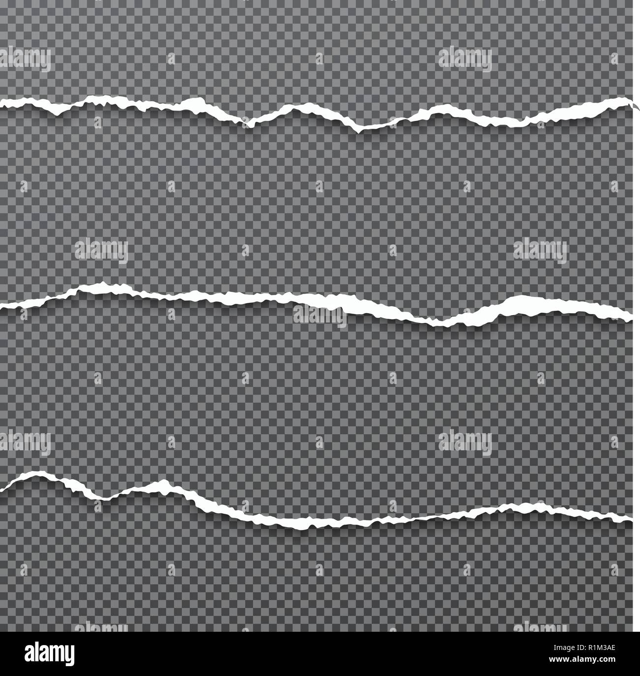 White horizontal ripped paper strips are on black squared background ...