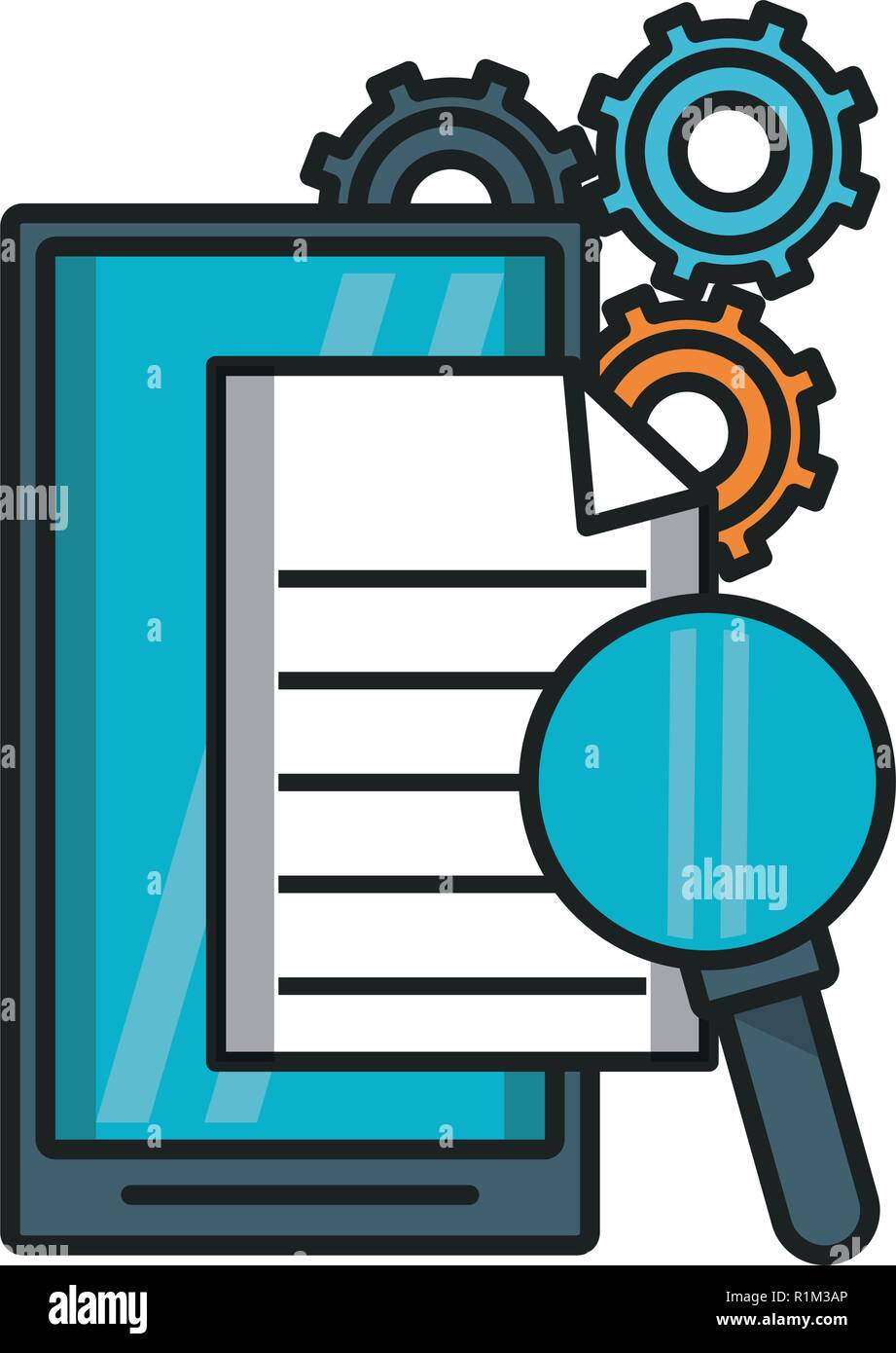 Smartphone with document gears and magnifying glass vector illustration ...