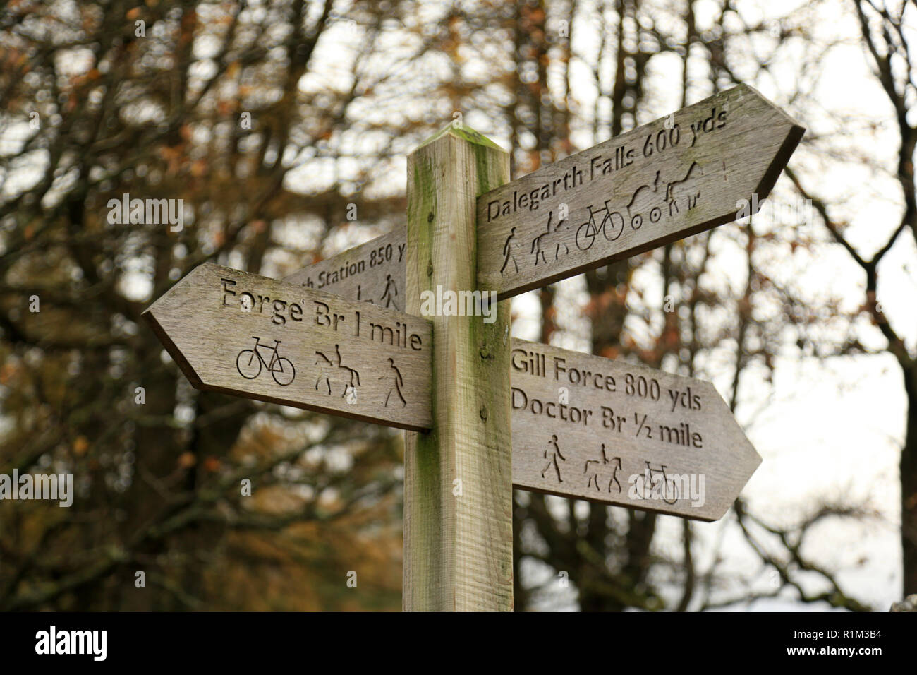 A wooden signpost on a footpath in the Lake district national park ...