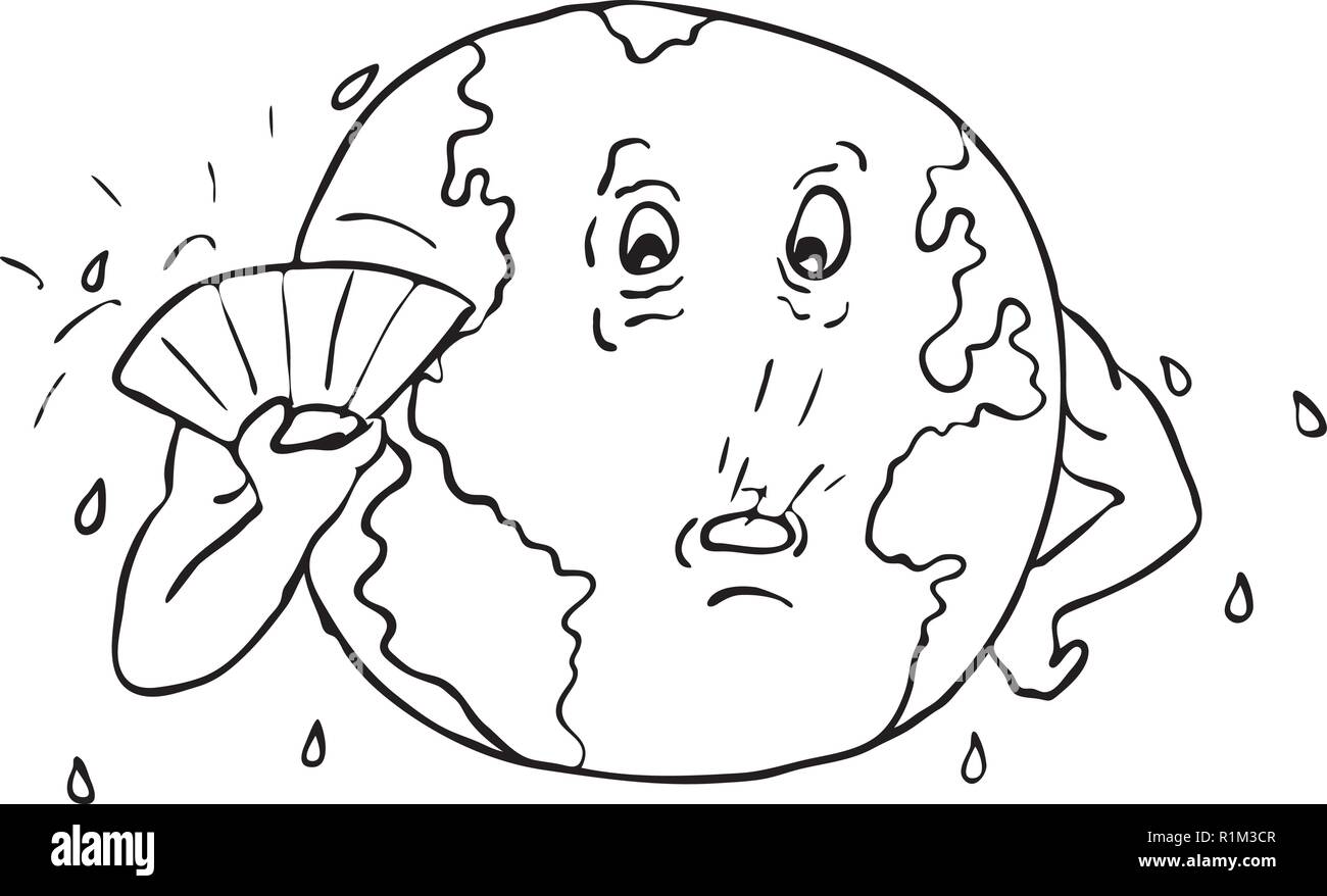 Black and white drawing sketch style illustration of the planet earth with fan fanning itself to keep cool due to global warming on isolated white bac Stock Vector