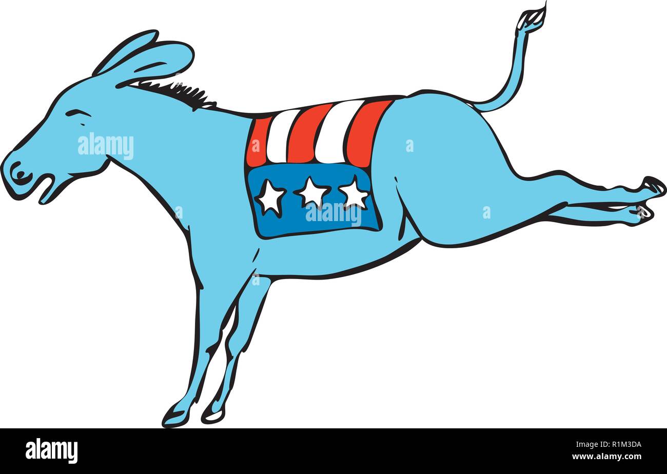 Drawing sketch style illustration of a donkey or jackass mascot with American USA stars and stripes flag on back kicking on isolated white background. Stock Vector