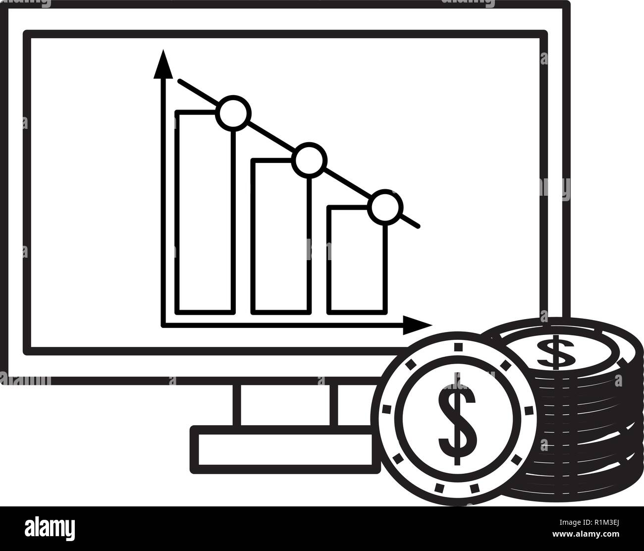 Computer with graph and coins black and white vector illustration ...