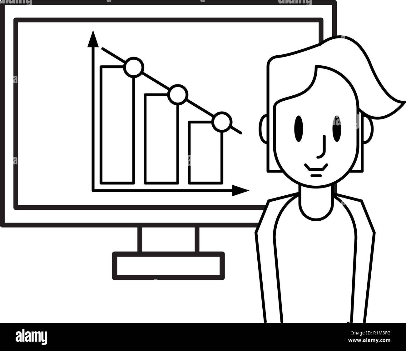 increase graph on computer black and white stock... Woman with graphs on computer black and white vector illustration ...
