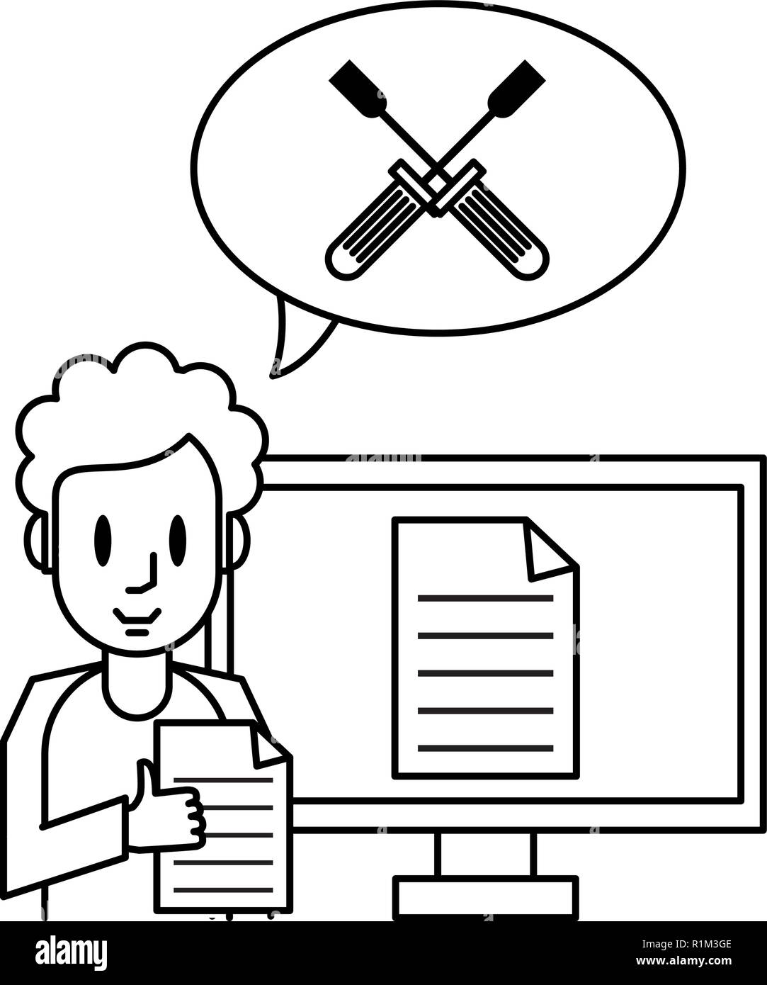 Man and computer technical support black and white vector illustration ...