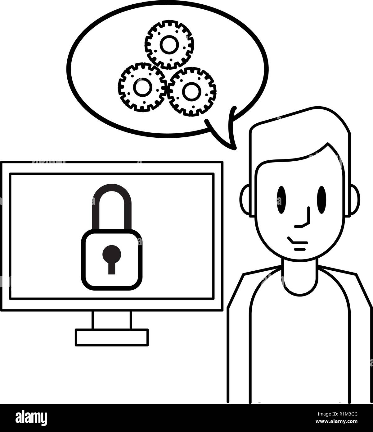 Man working with security system computer black and white vector ...