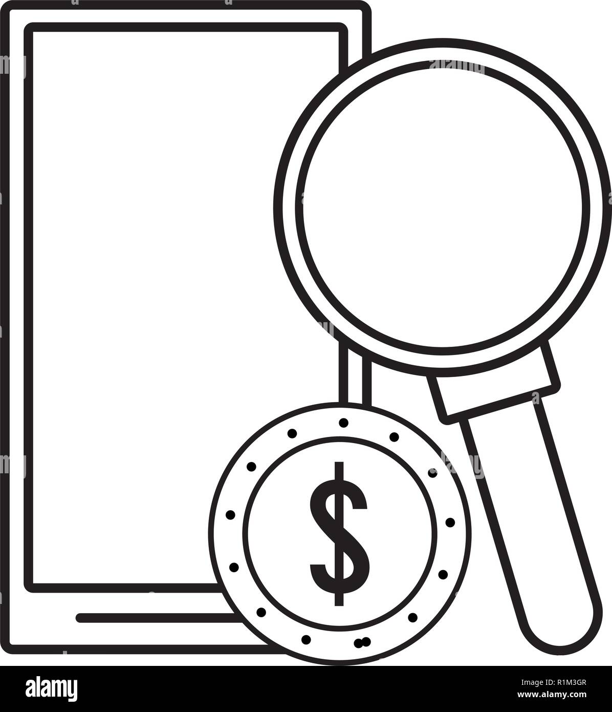 Smartphone with coin and magnifying glass black and white vector ...