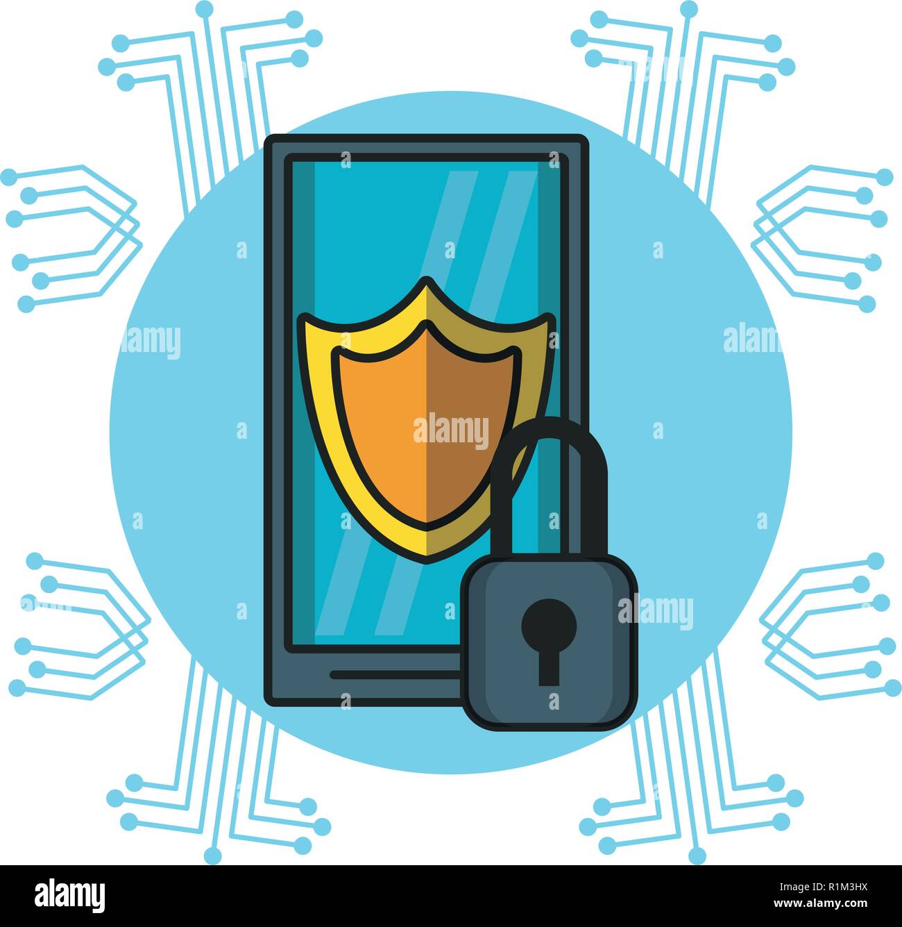 Smartphone with security system over digital round emblem vector illustration graphic design Stock Vector