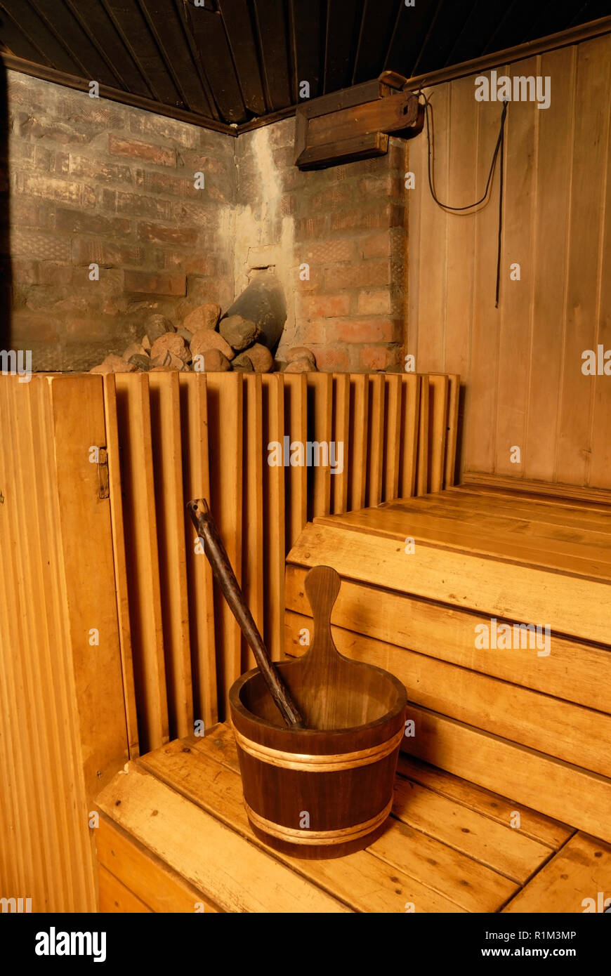 Fragment of steamroom at Russian banya. Vidzeme region. Latvia Stock