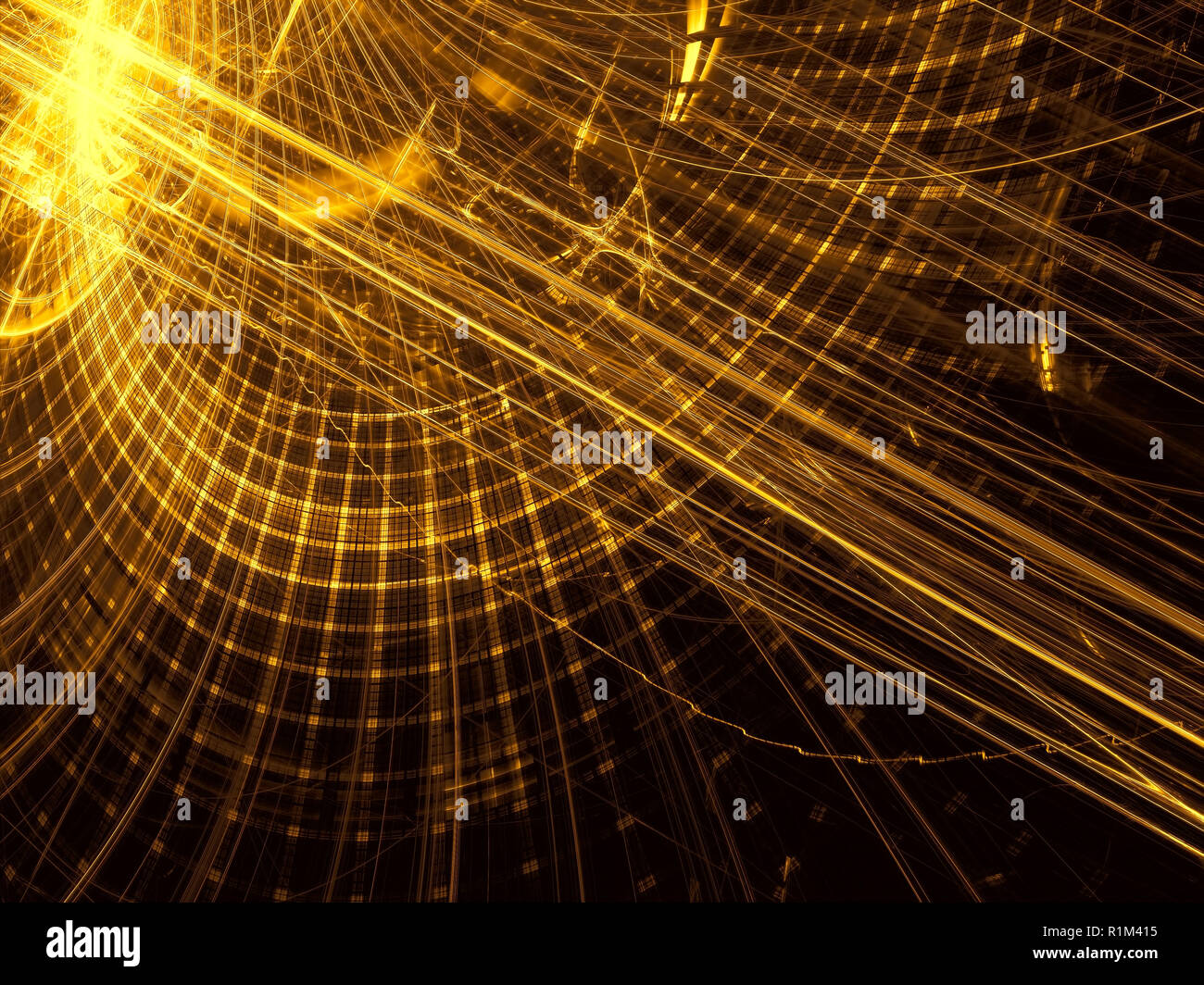 Golden background - curves, grid and light effects. Abstract computer-generated image - fractal. For banners, flyers, posters. Stock Photo