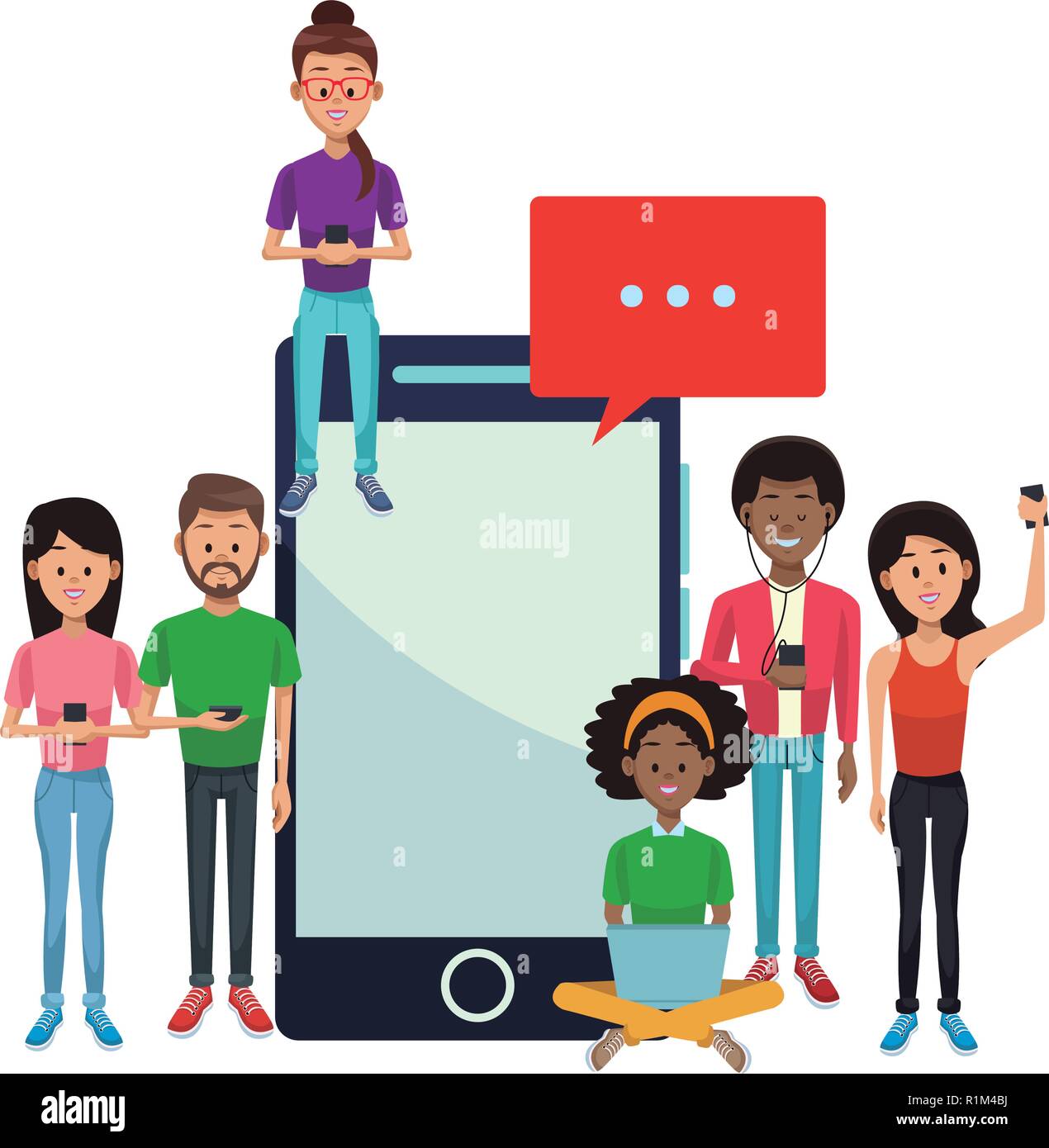 Young people with smartphones and laptop vector illustration graphic ...