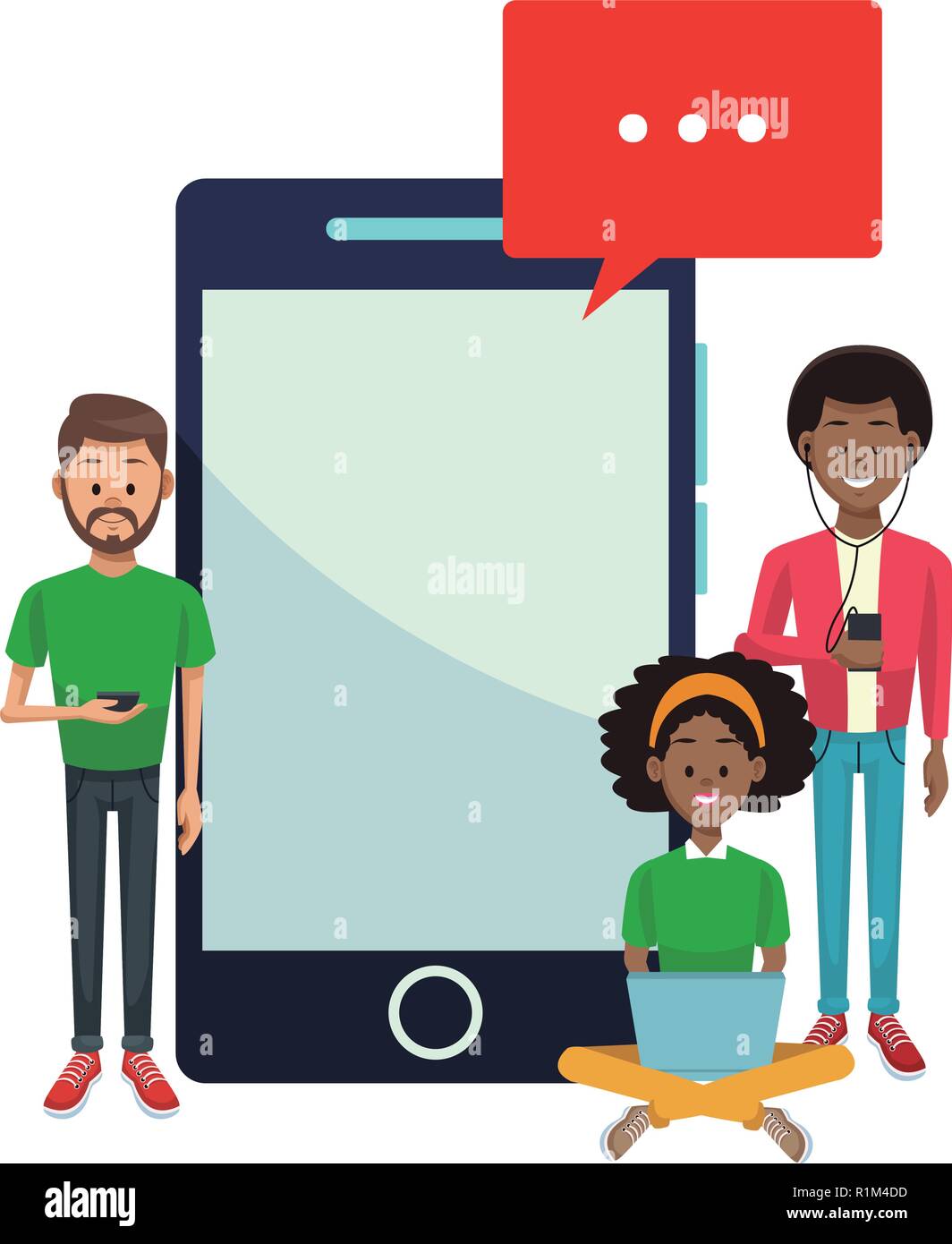 Young people with smartphones and laptop vector illustration graphic ...