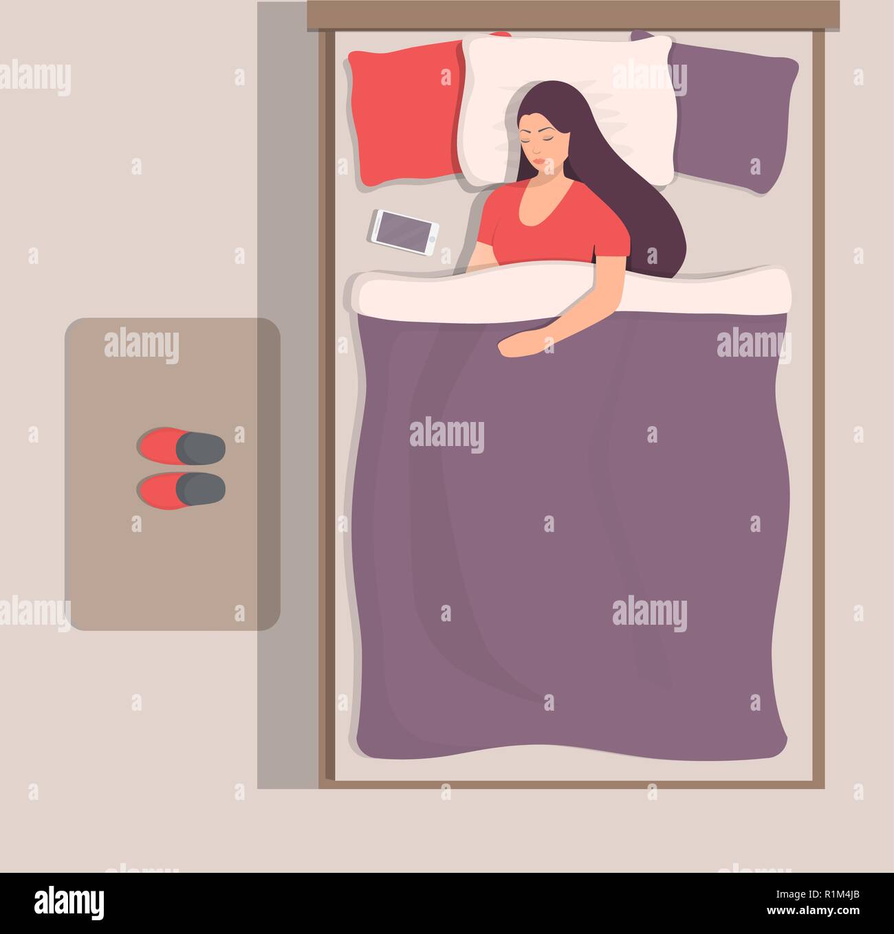 Woman sleeping in her bed, top view. Girl sleeps peacefully. Vector illustration in flat style Stock Vector