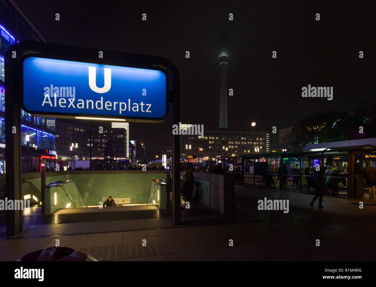 Berlin, Germany (9th November 2018) - Late evening view of Alexanderplatz from one of the gateways to the subway's station Stock Photo