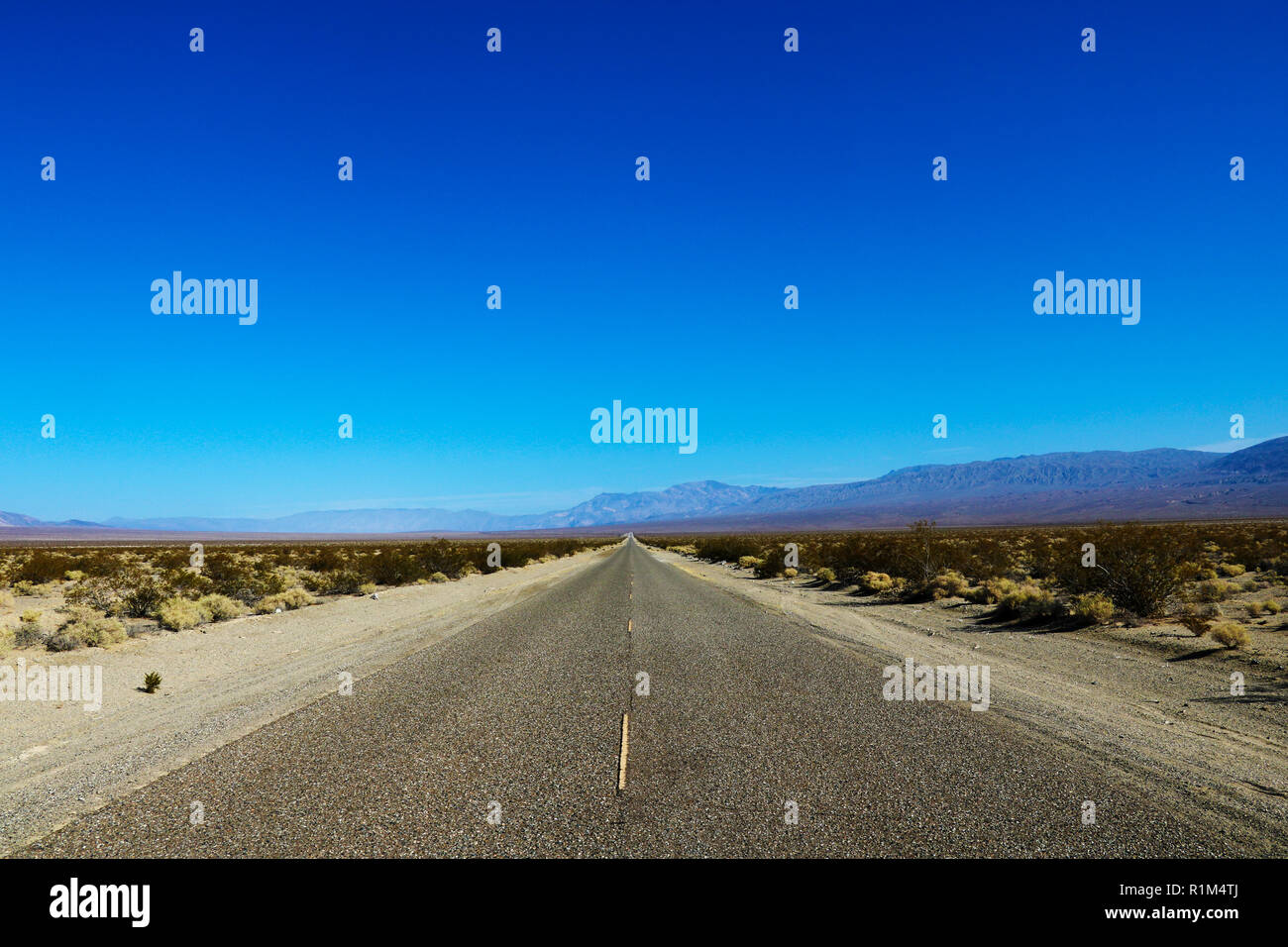 Classic panorama view of an endless straight road running through the barren scenery of the American Southwest with extreme heat haze on a beautiful s Stock Photo