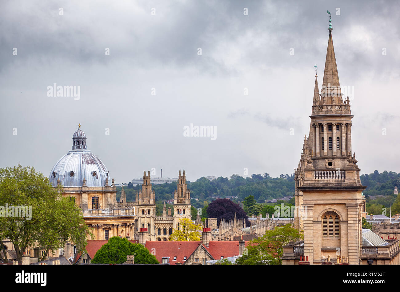 The view from the top of Carfax Tower the main Oxford landmarks: the All Saints Church (Lincoln College's library) and the Radcliffe camera dome. Oxfo Stock Photo