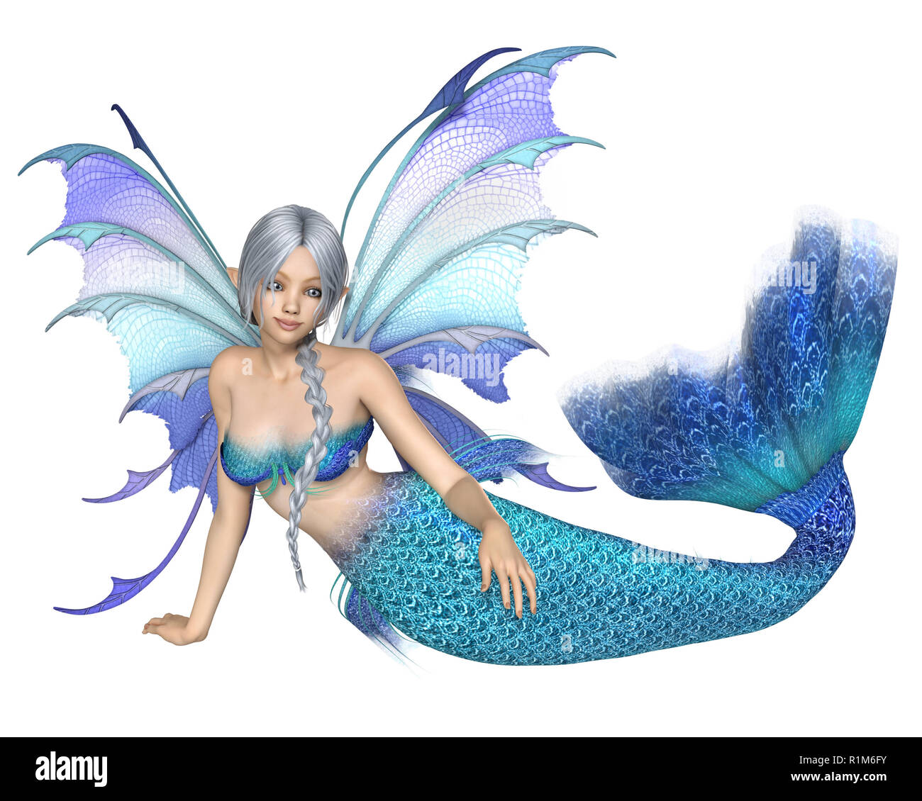 Bright Blue Fantasy Mermaid Fairy, Reclining Stock Photo